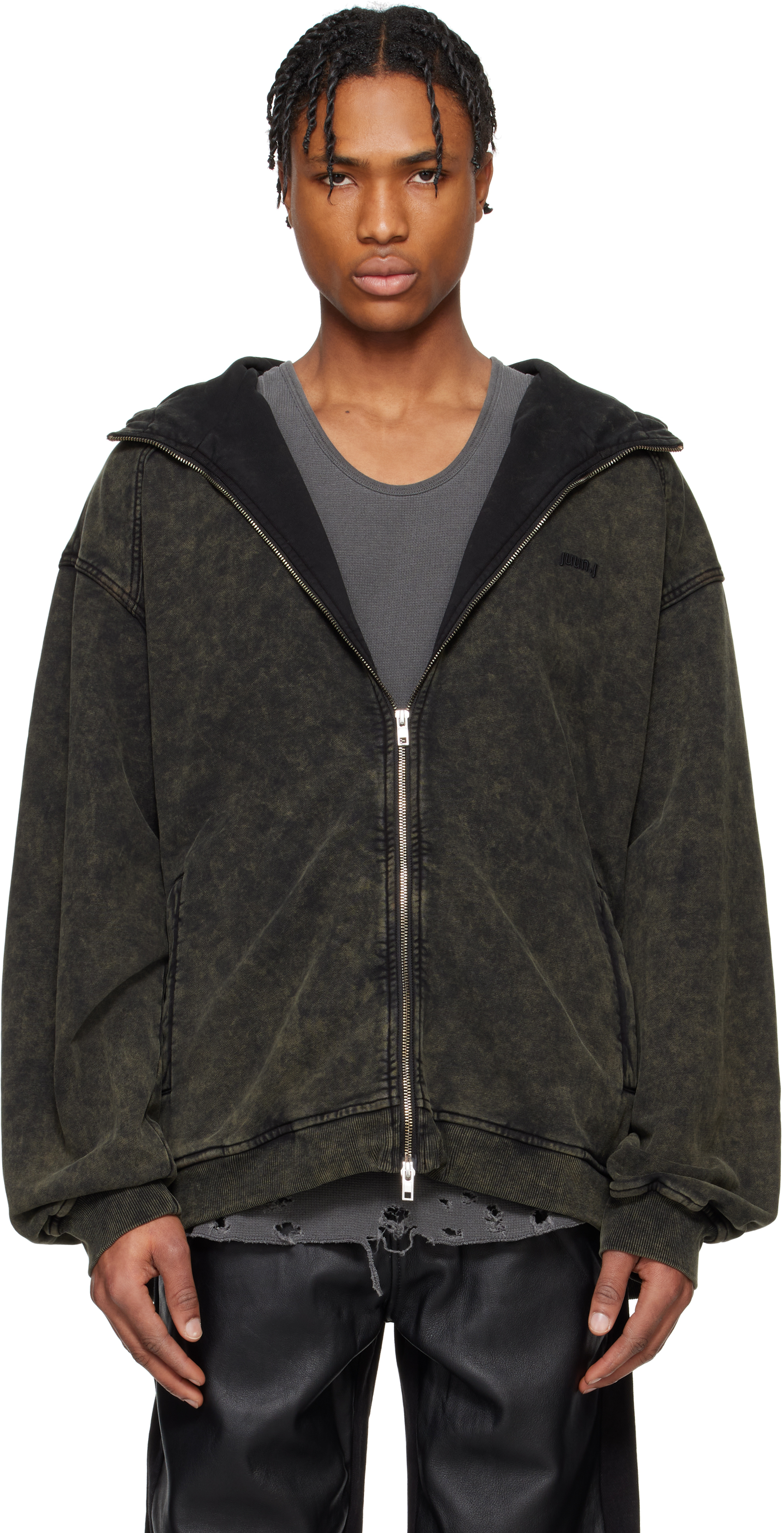 Juun. J Khaki Dyed High-Neck Zip-up Hoodie