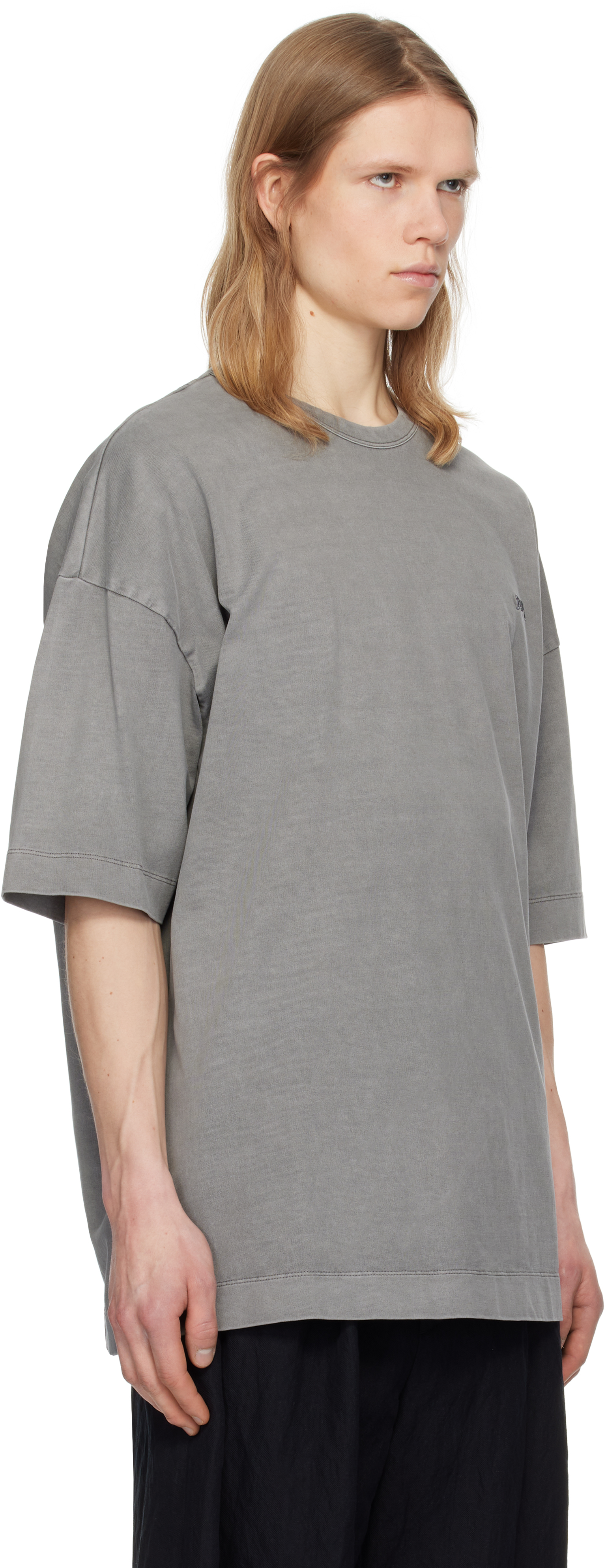 Shop Juunj Gray 'language' Lettering Dyed Over Fit T-shirt In Lgrey