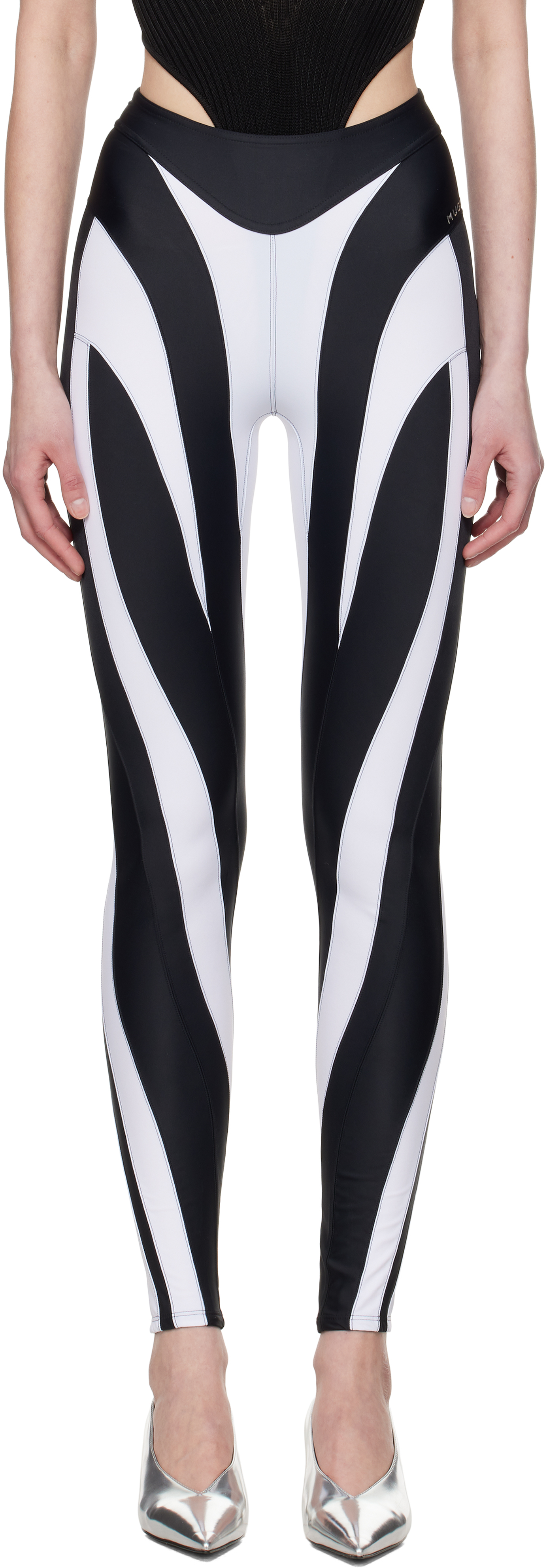 【関税込み】Mugler ブラック Eco Sport Lycra Spiral レギンス Black & White Eco Sport Lycra Leggings by Mugler on Sale
