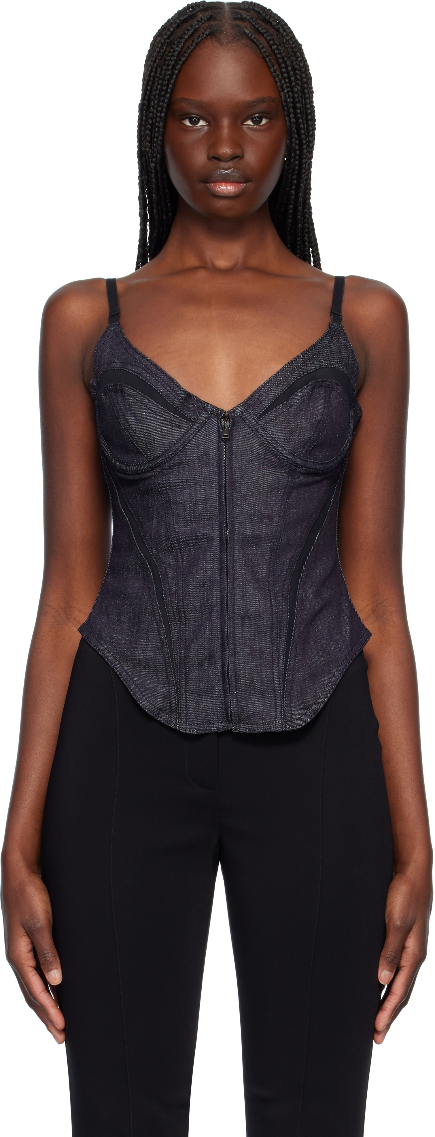 Navy Mesh Corseted Raw Denim Top