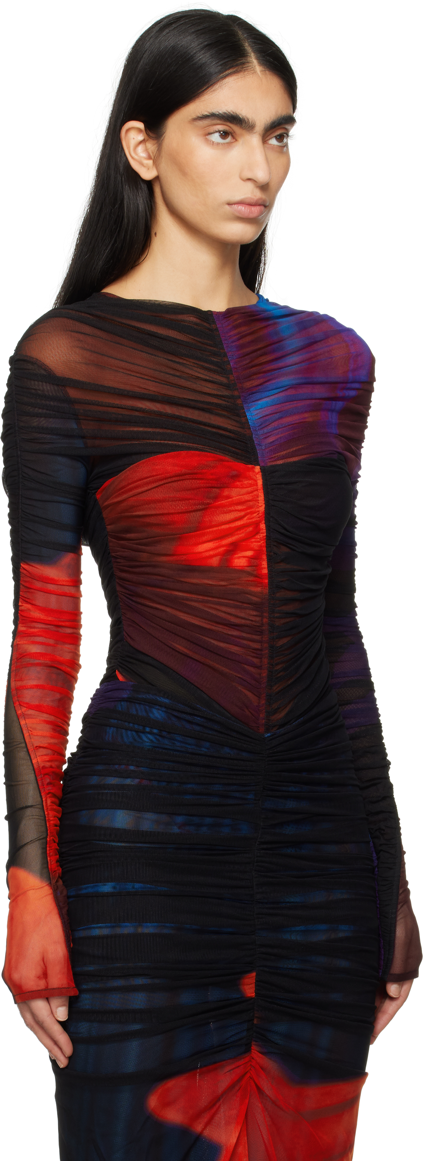 Mugler Multicolor Floral Print Mesh Bodysuit In Pr603 Print Blue & R