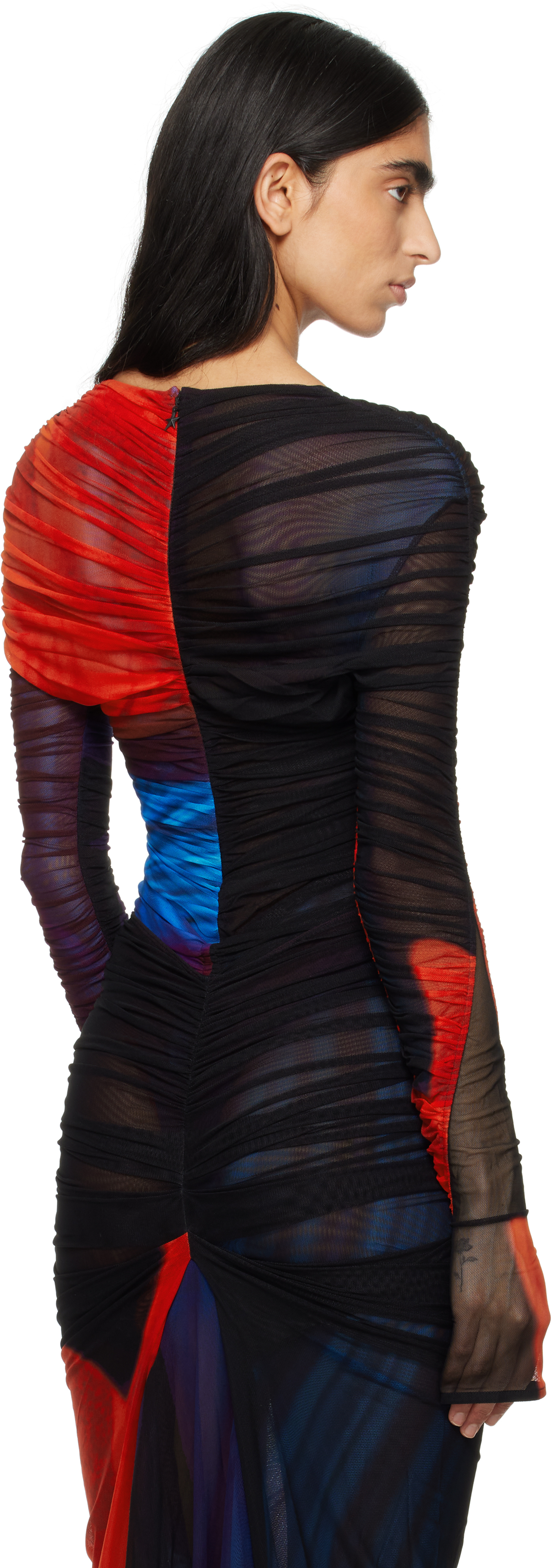 Mugler Multicolor Floral Print Mesh Bodysuit In Pr603 Print Blue & R