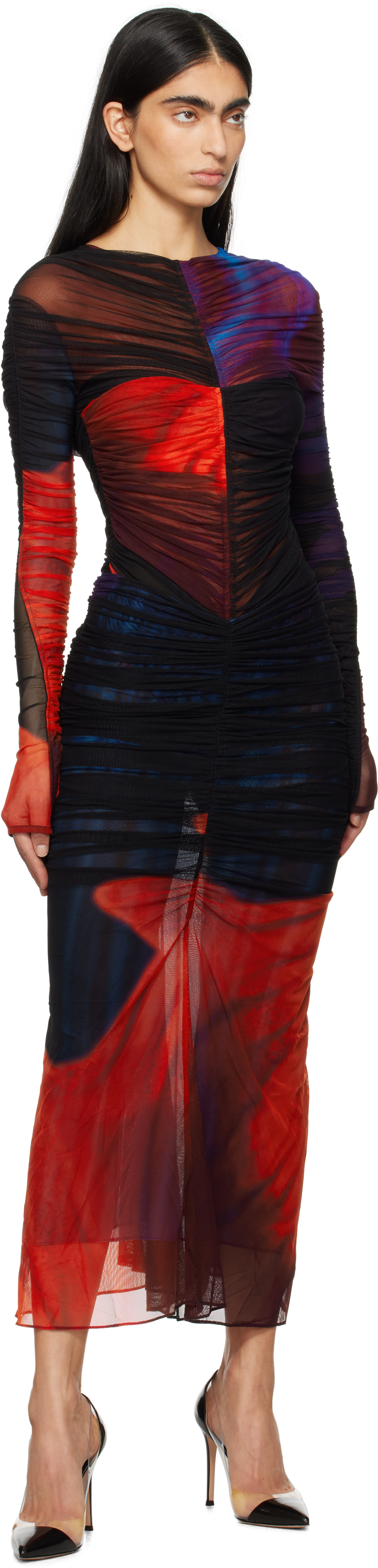 Mugler Multicolor Floral Print Mesh Bodysuit In Pr603 Print Blue & R