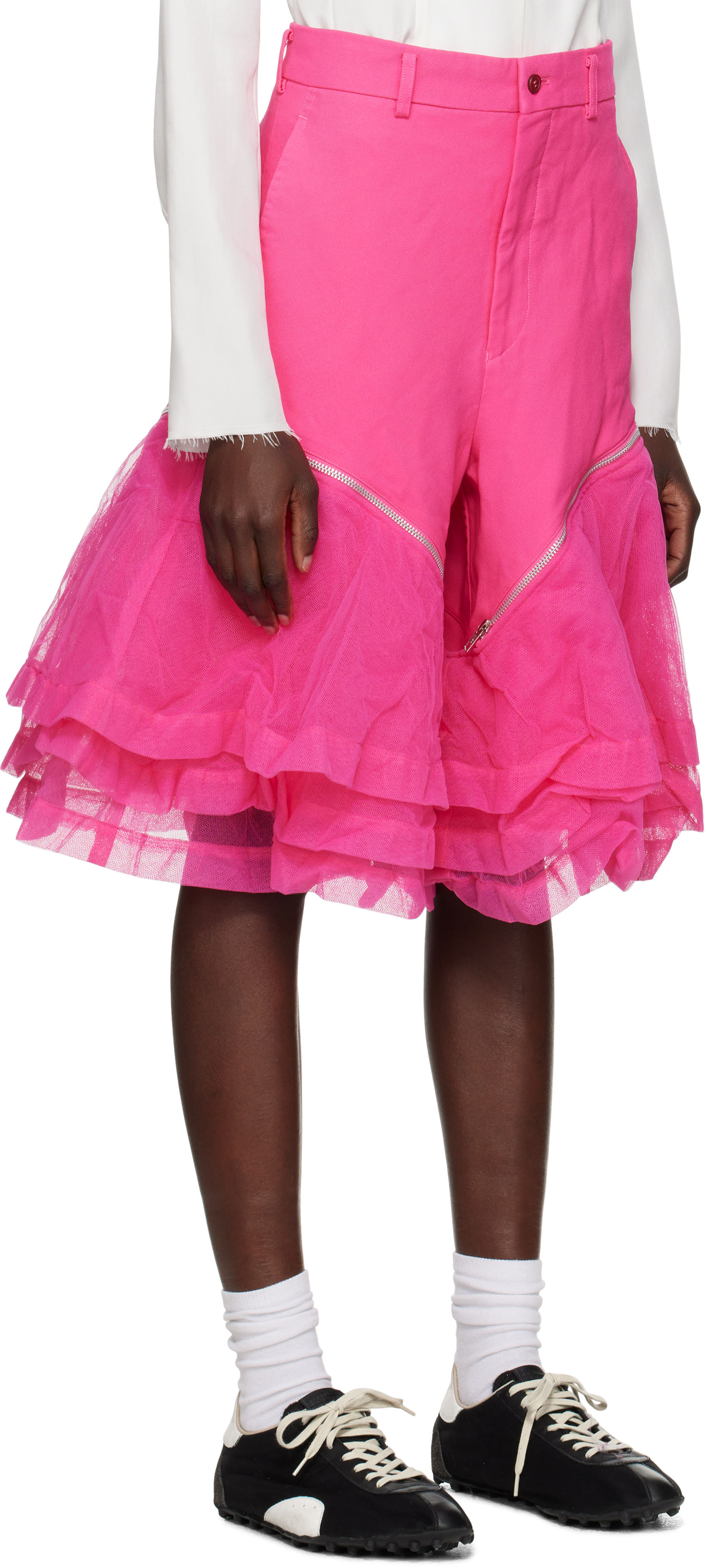 Comme Des Garçons Homme Deux Pink Gabardine & Nylon Tulle Garment Treated Shorts In 1 Pink