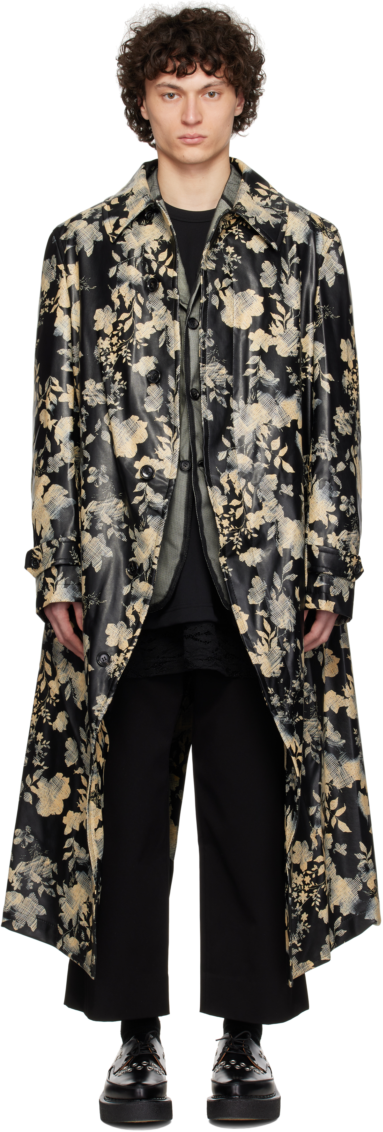 Black Printed Faux-Leather Coat