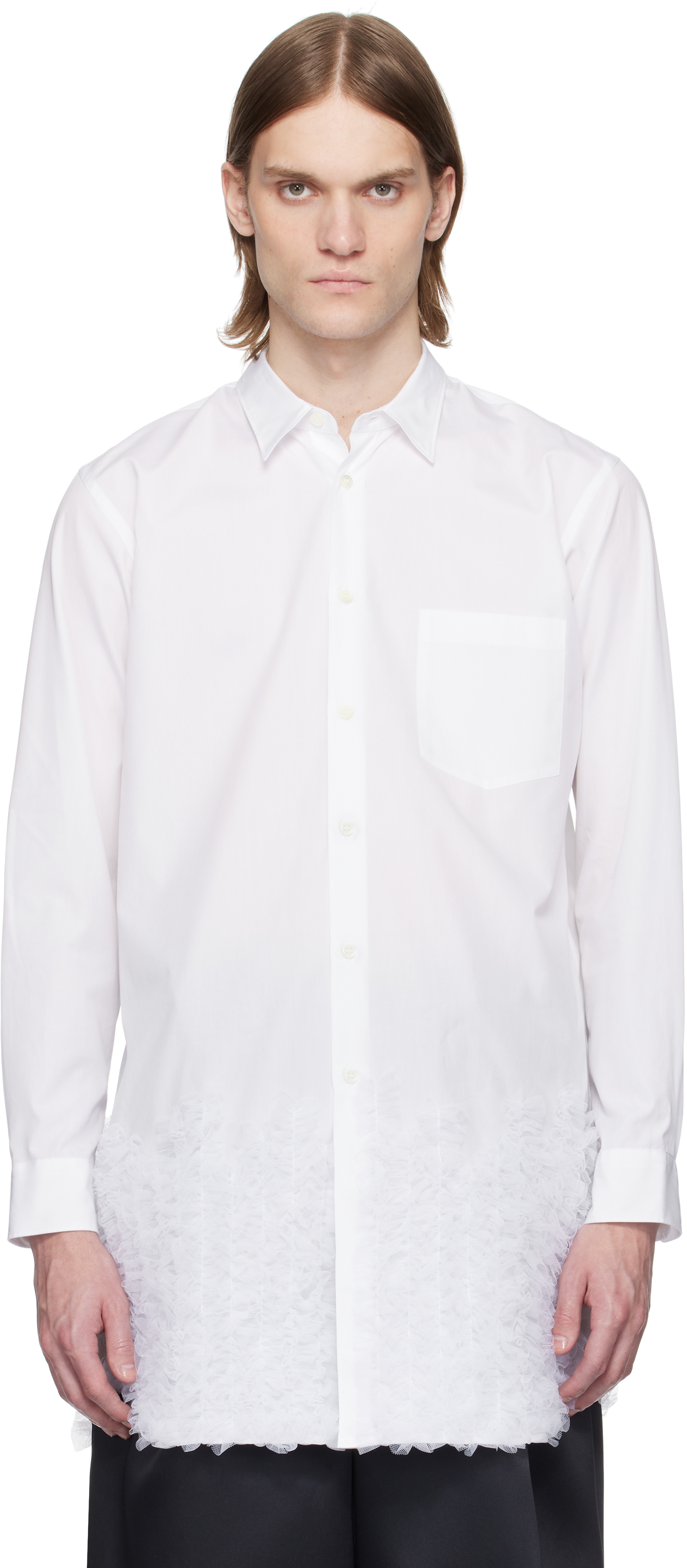 White Cotton Broad & Nylon Tulle Shirt