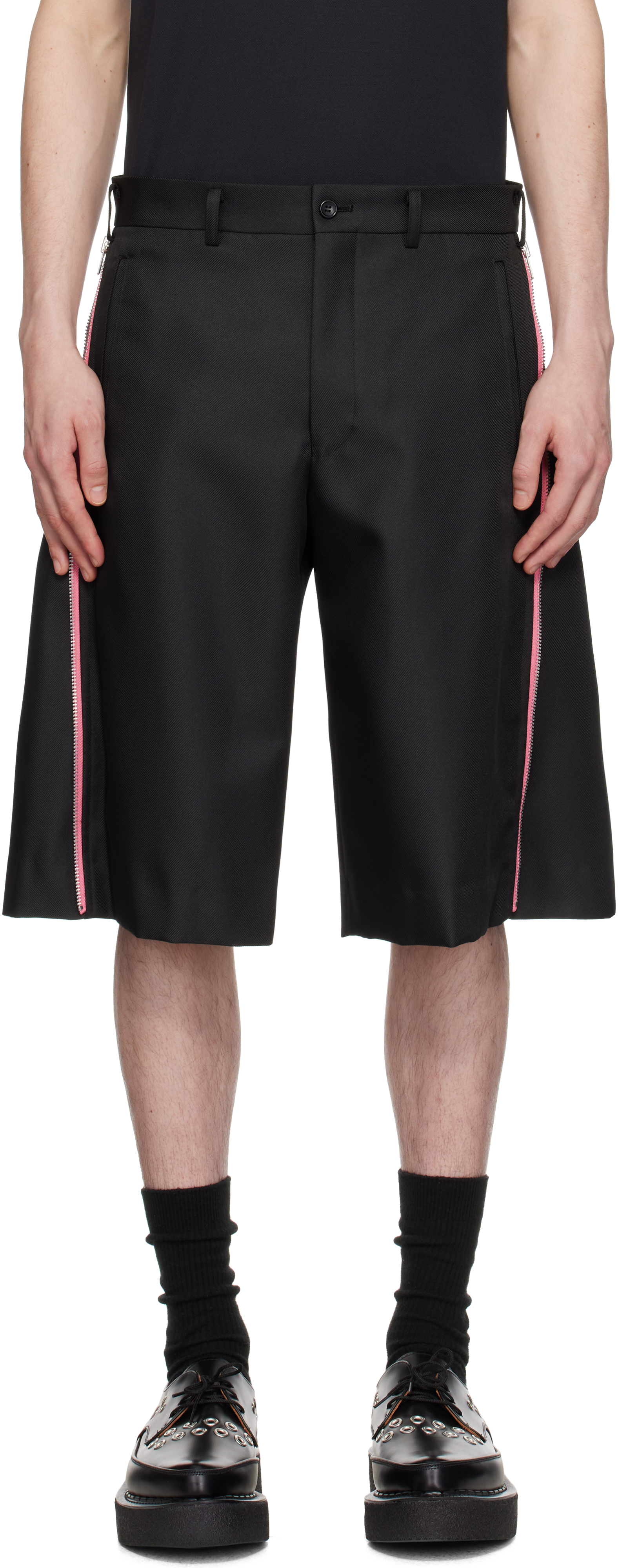 Black & Pink Thick Gabardine Zip Shorts