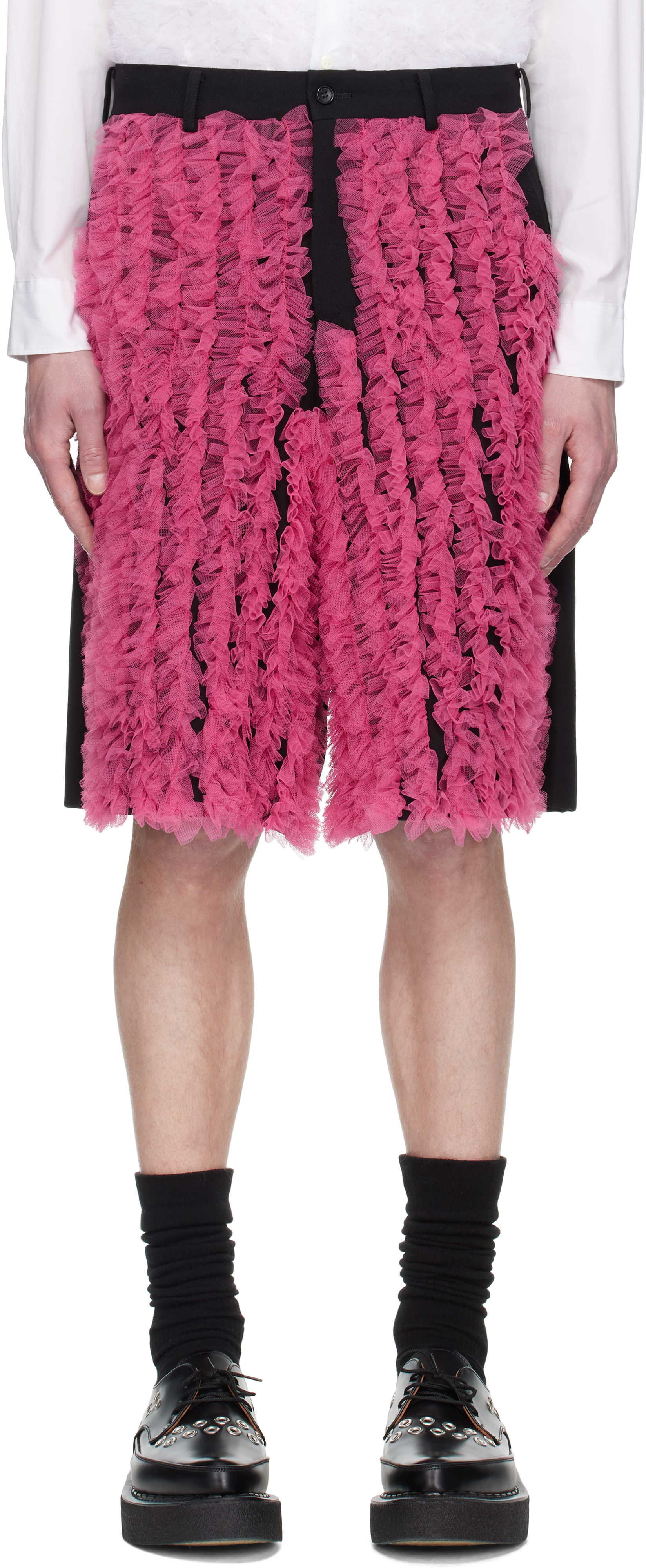 Black & Pink Wool Gabardine Medium & Nylon Tulle Shorts