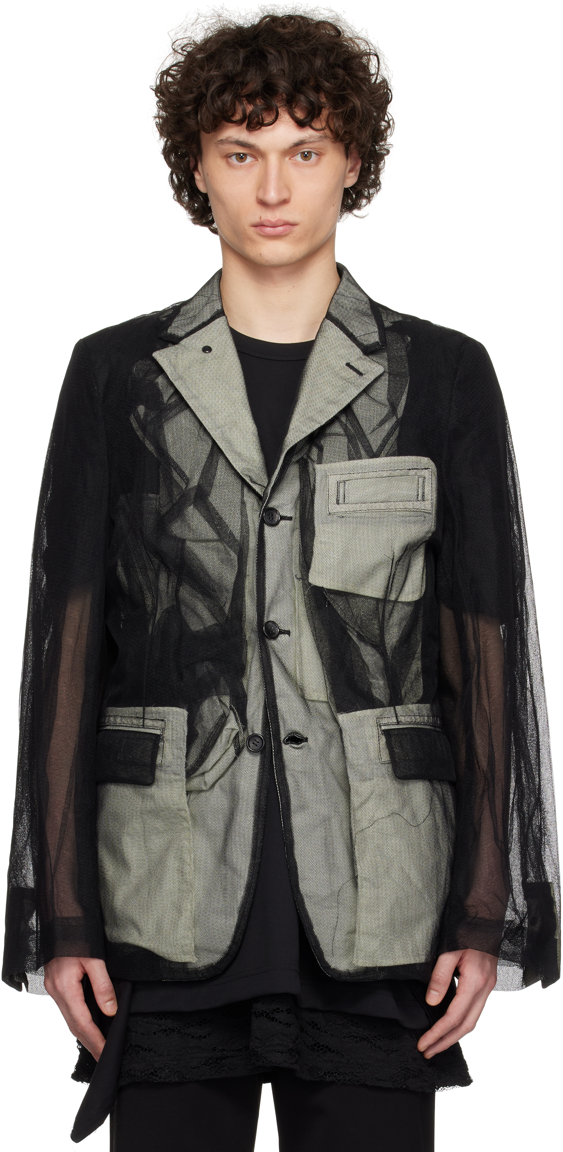 Black Nylon Tulle & Cotton Cloth Blazer