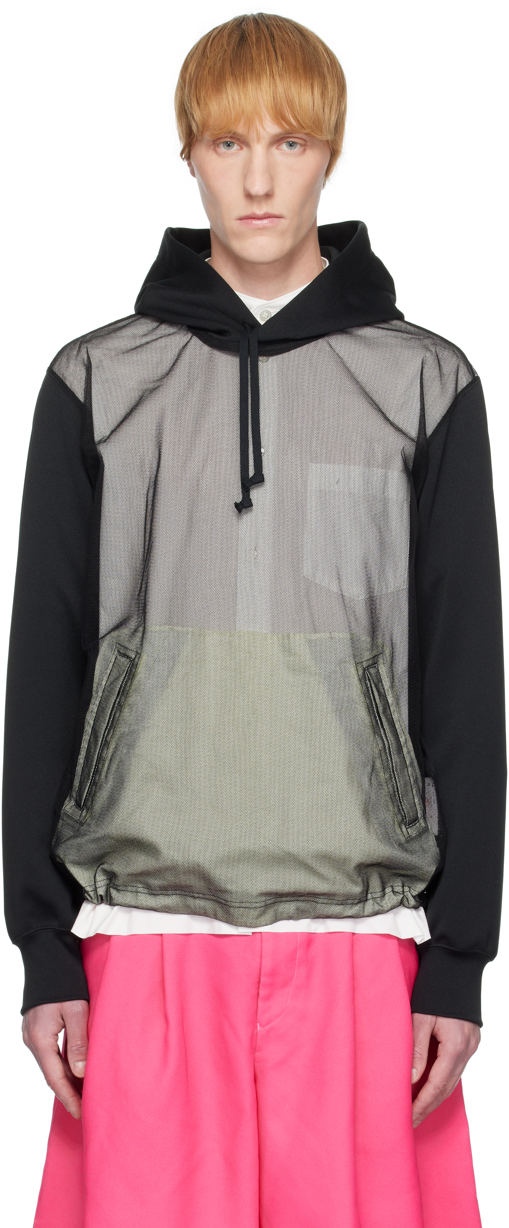 Black Polyester Smooth Thick & Nylon Tulle Hoodie
