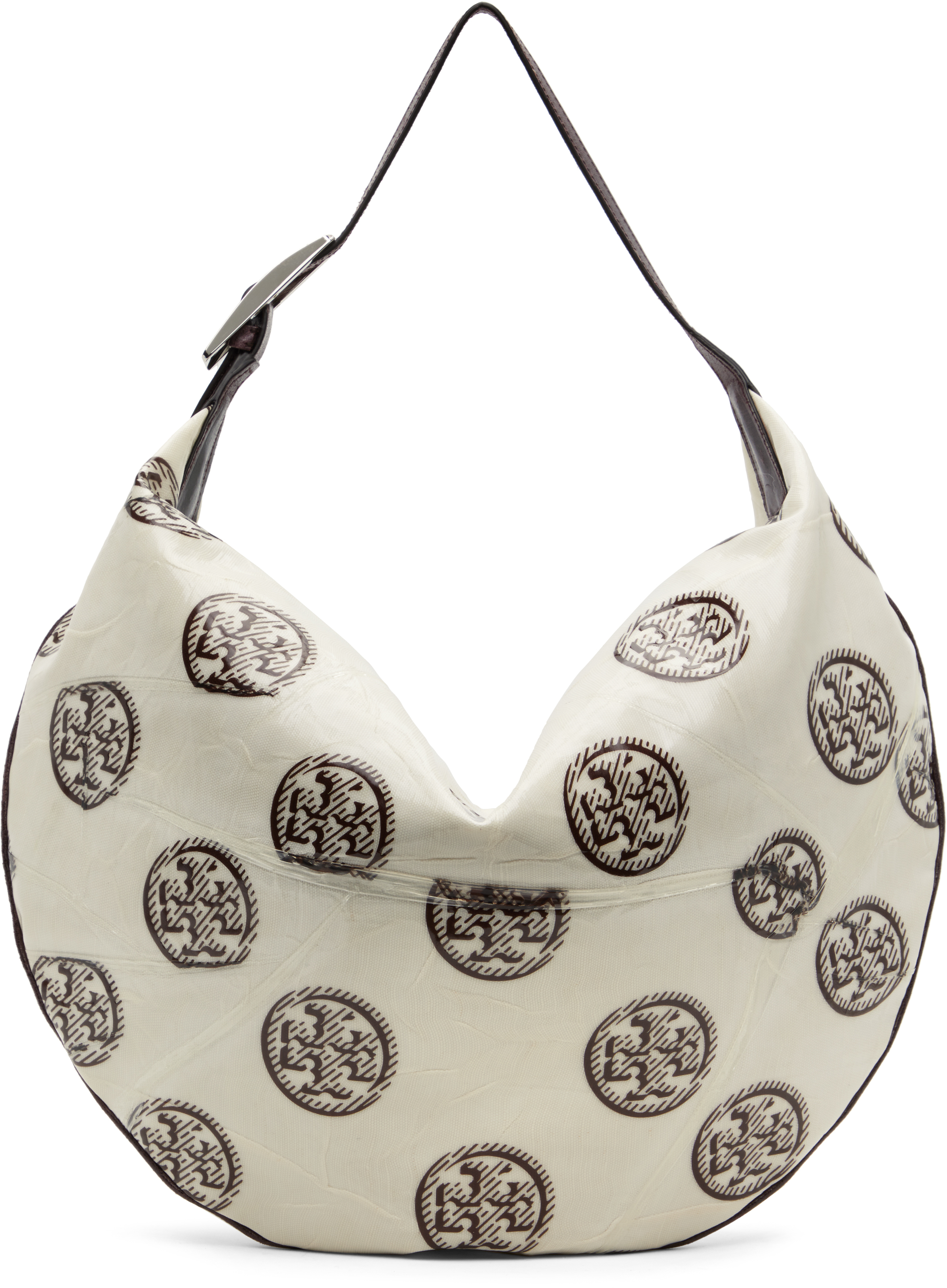 Tory Burch White & Brown T Monogram Balloon Bag