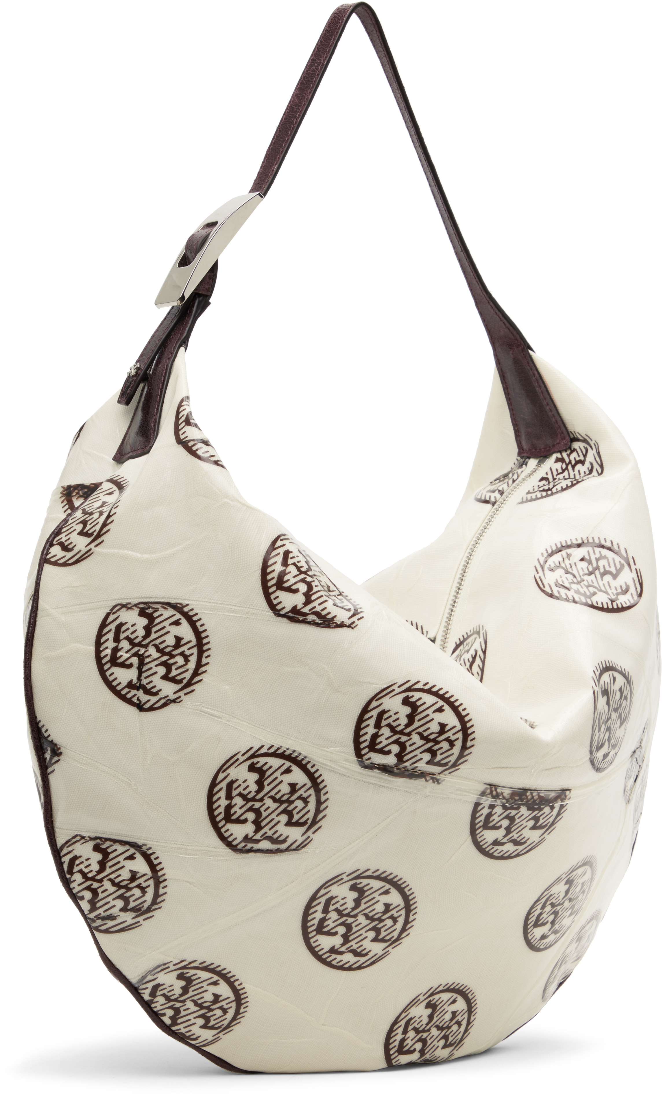 Tory Burch White & Brown T Monogram Balloon Bag