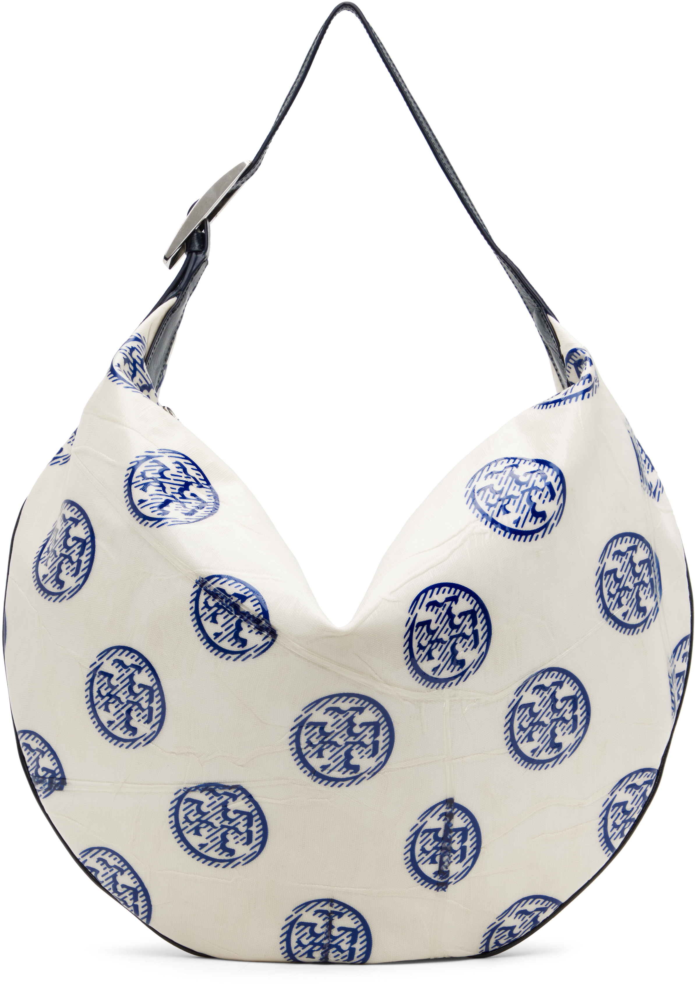 Tory Burch White & Navy T Monogram Balloon Bag