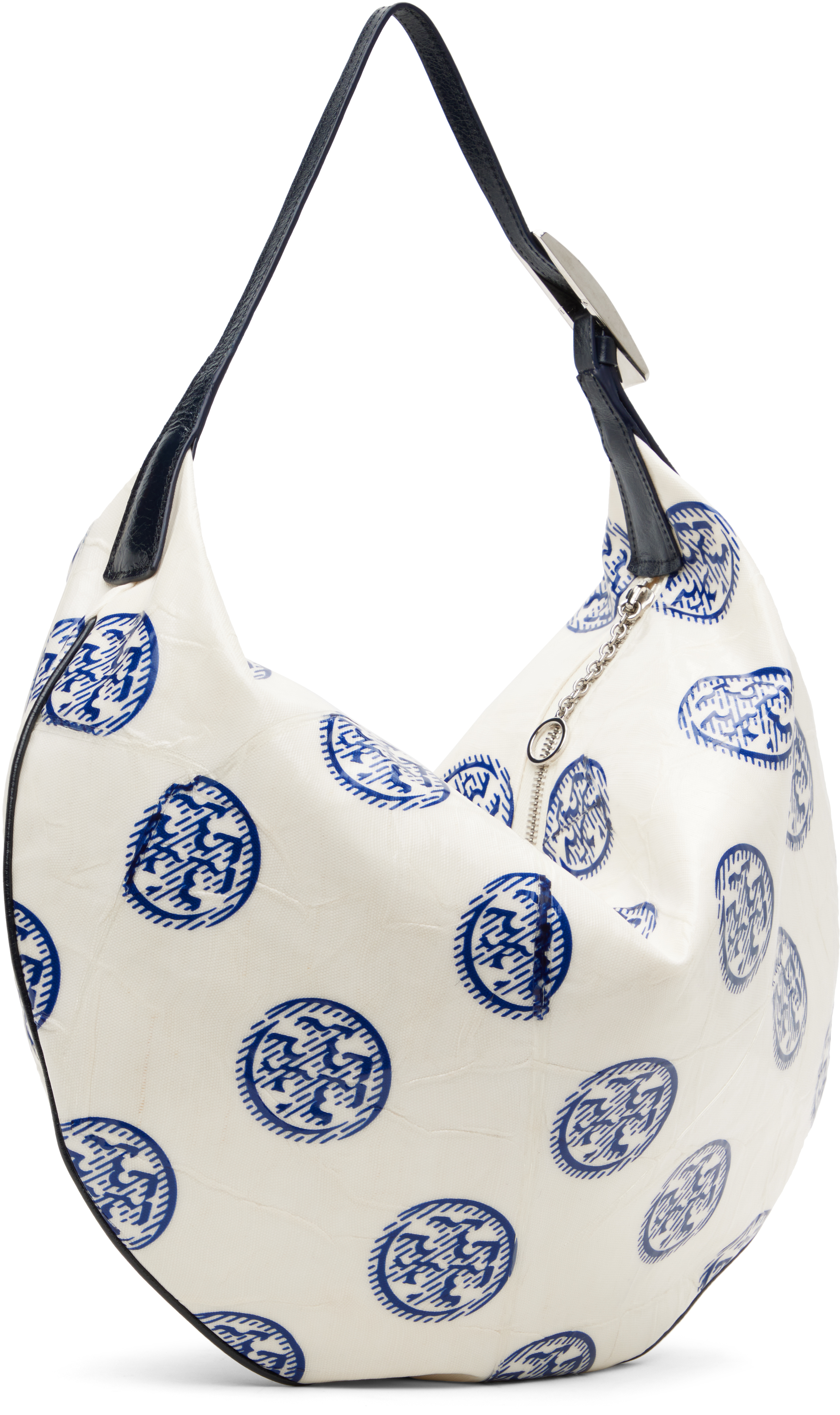 Tory Burch White & Navy T Monogram Balloon Bag