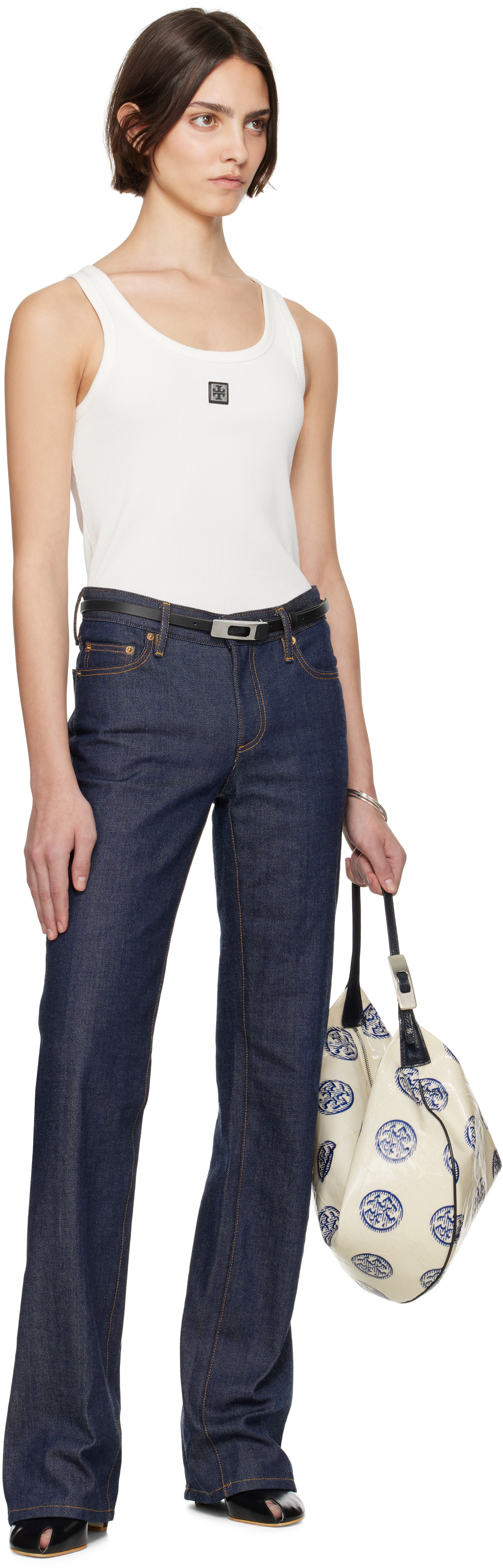 Tory Burch White & Navy T Monogram Balloon Bag