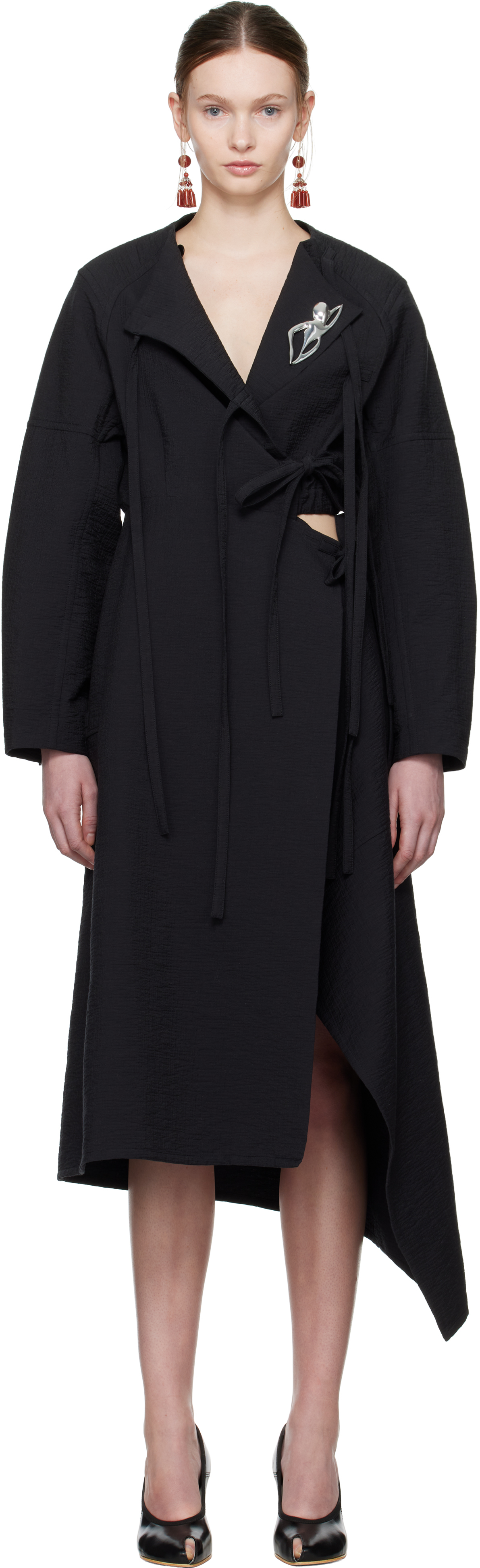 Black Cotton Wrap Midi Dress
