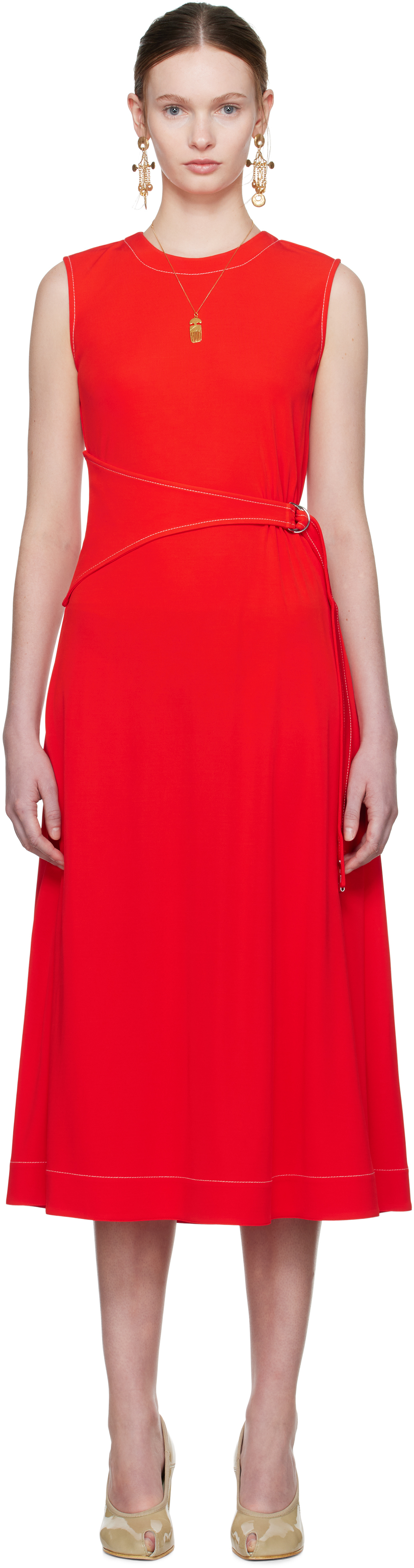 Red Belted Jersey Midi Dress by Tory Burch on Sale