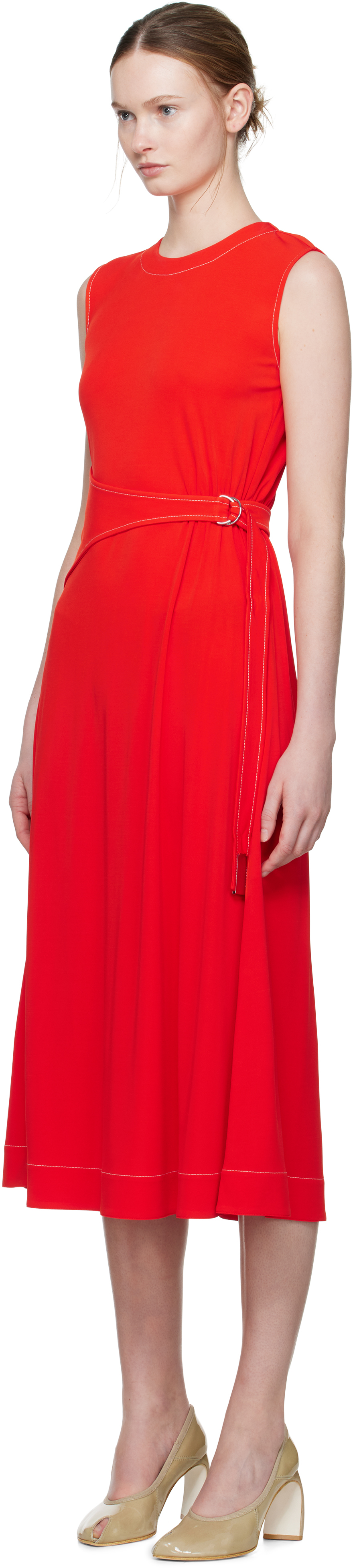 Tory Burch Red Belted Jersey Midi Dress In Deep Poppy