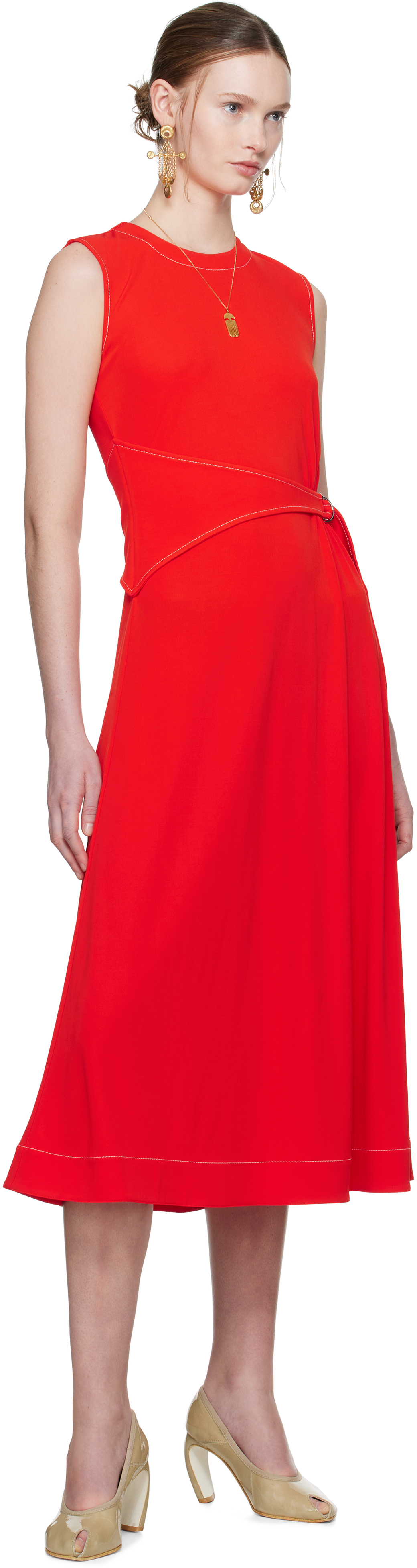 Tory Burch Red Belted Jersey Midi Dress In Deep Poppy