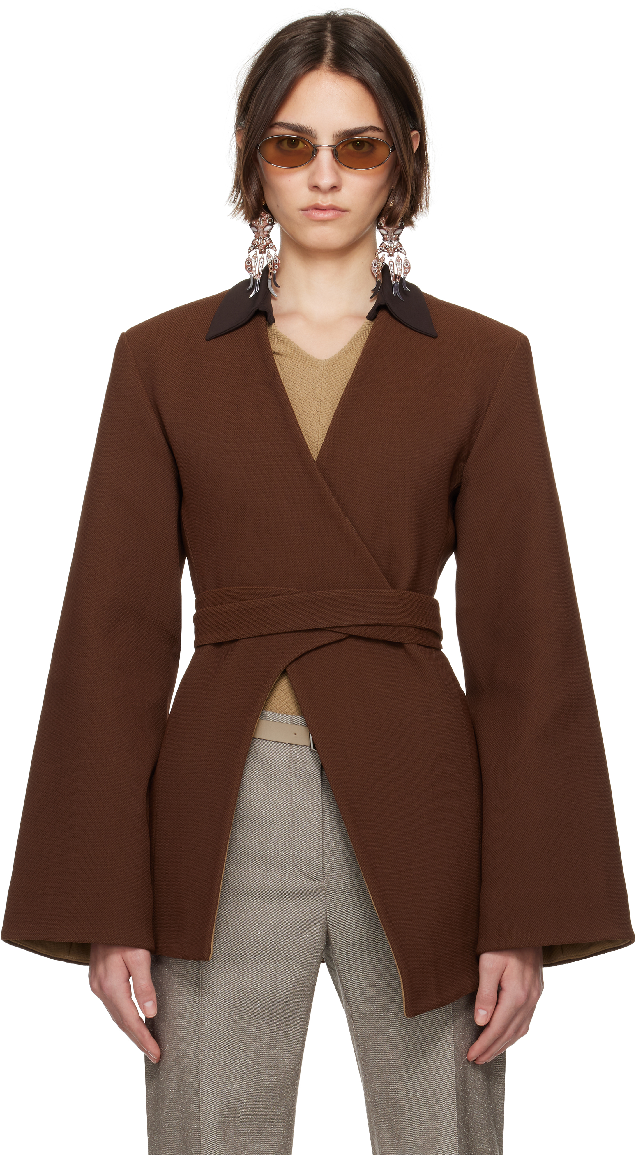 Brown Asymmetrical Pique Wrap Blazer