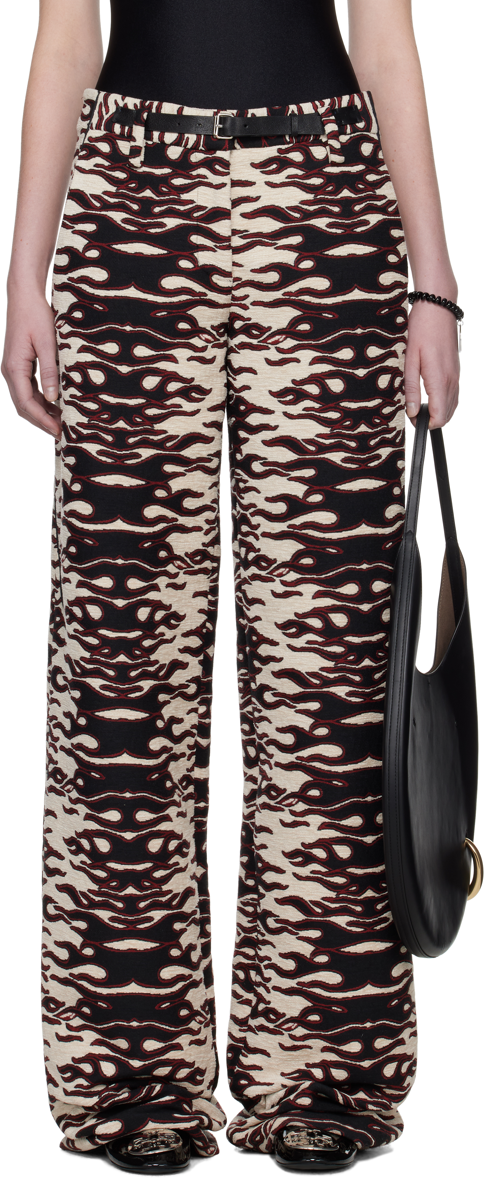 TORY BURCH BLACK & RED JACQUARD WIDE LEG TROUSERS