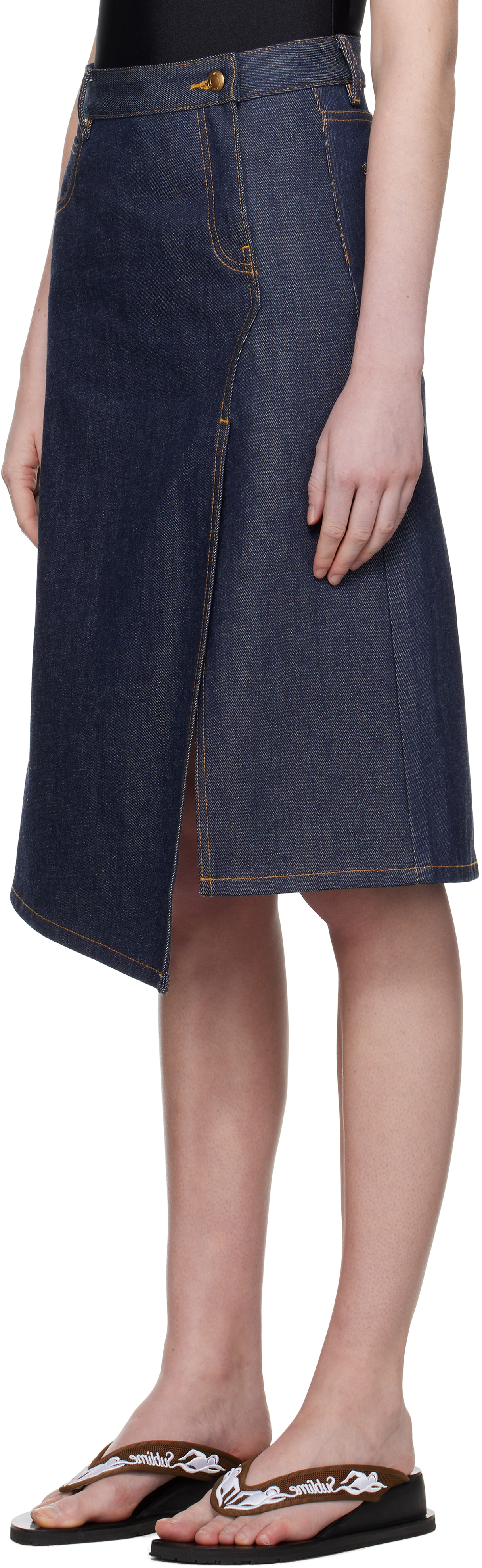 Tory Burch Navy High Slit Denim Midi Skirt In Blue