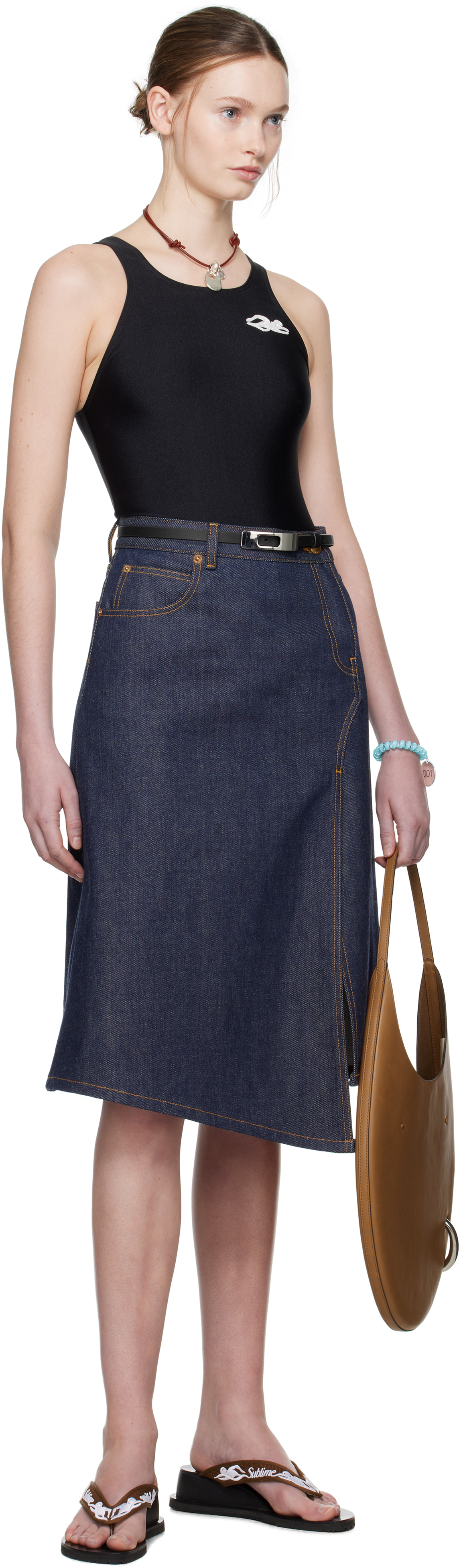 Tory Burch Navy High Slit Denim Midi Skirt In Blue