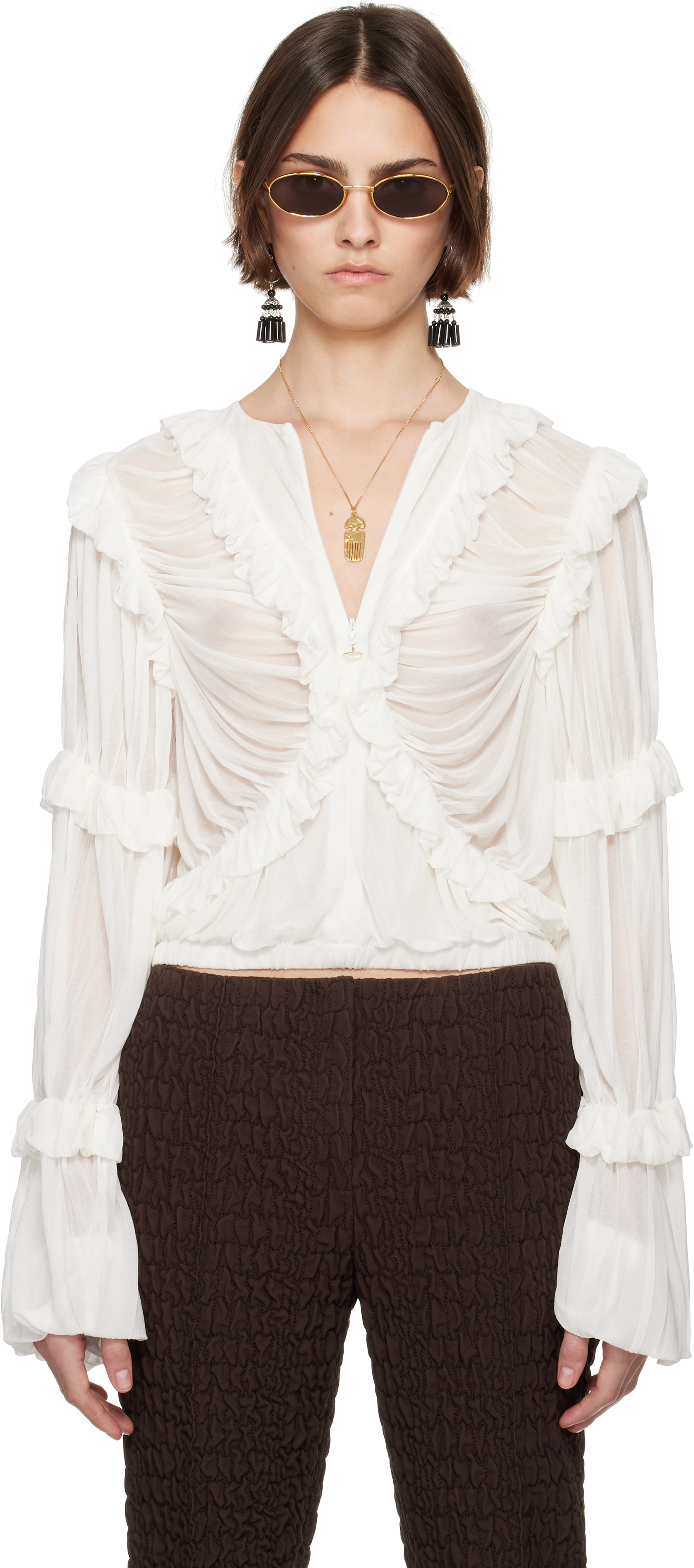 Tory Burch White Jersey Ruffle Blouse In Marshmallow