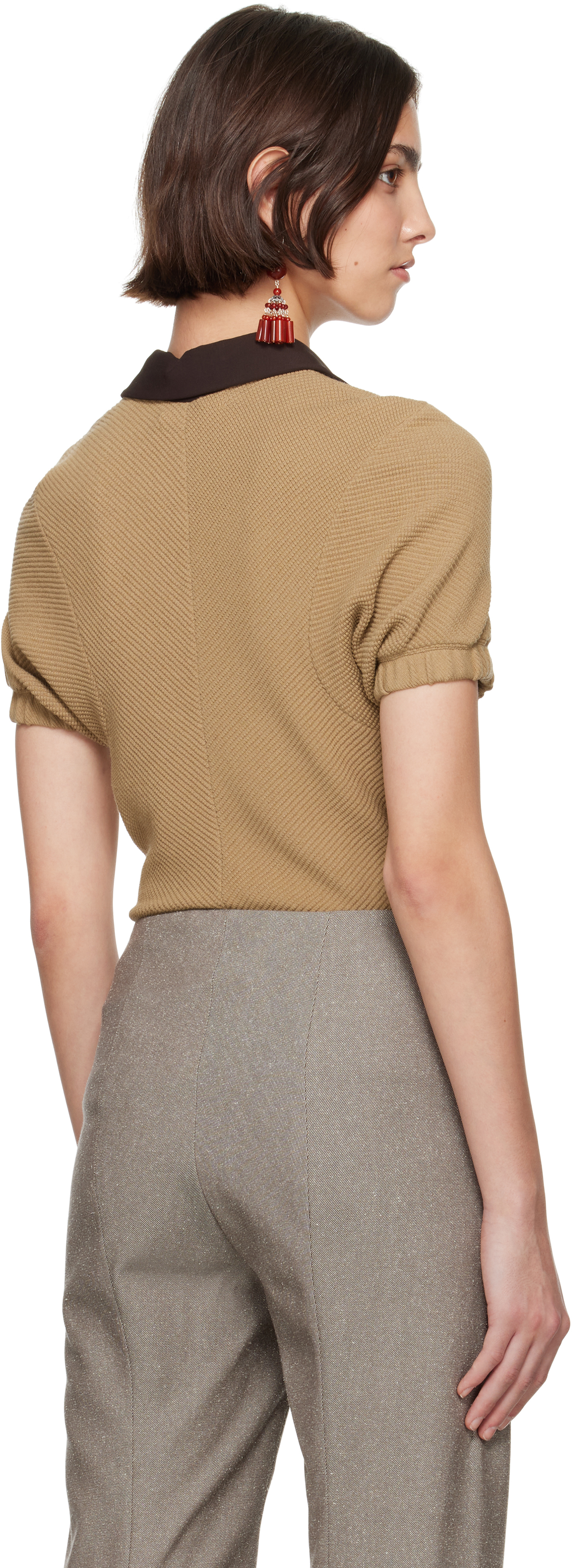 Tory Burch Beige & Brown Short Sleeve Sweater Polo In Boba Brown / Soba