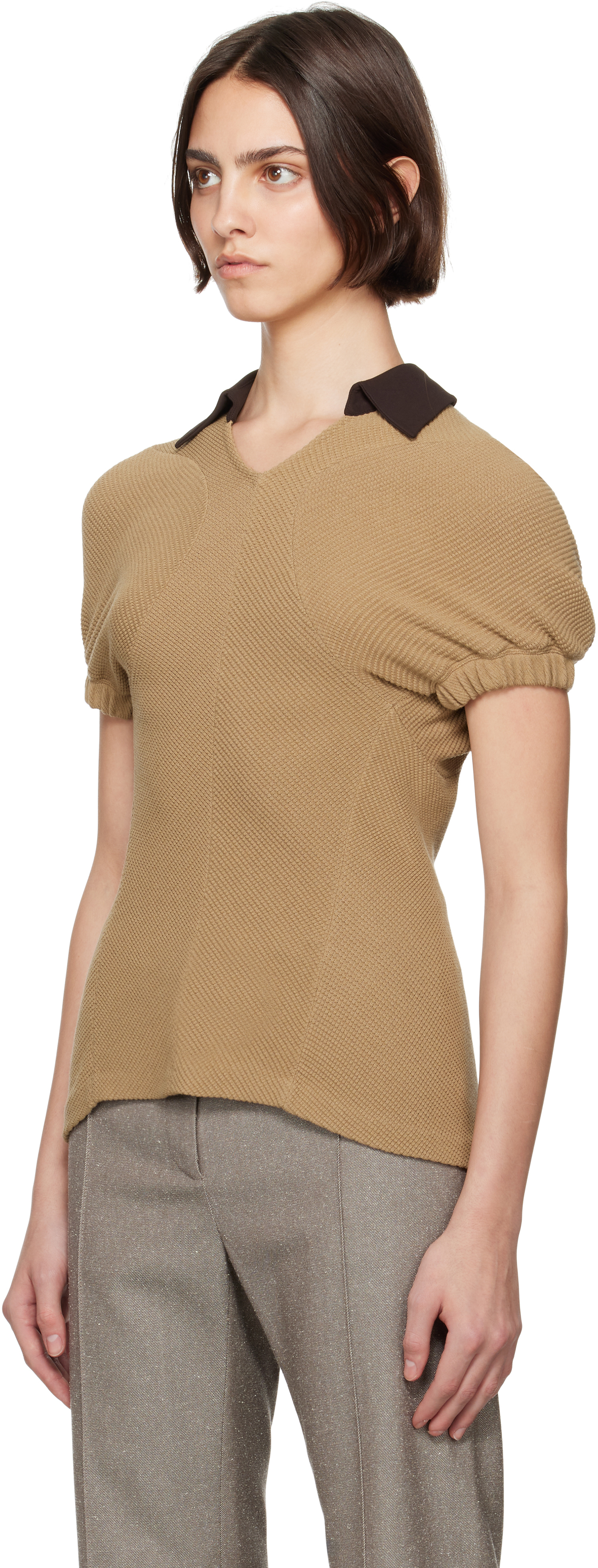 Tory Burch Beige & Brown Short Sleeve Sweater Polo In Boba Brown / Soba