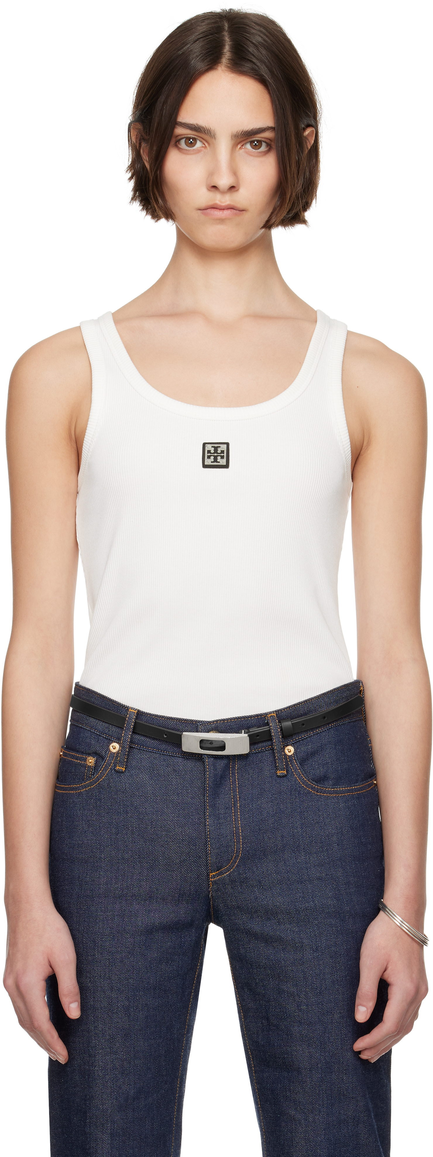 Shop Tory Burch White Metal Logo Cotton Scoop Tank Top In Snow White
