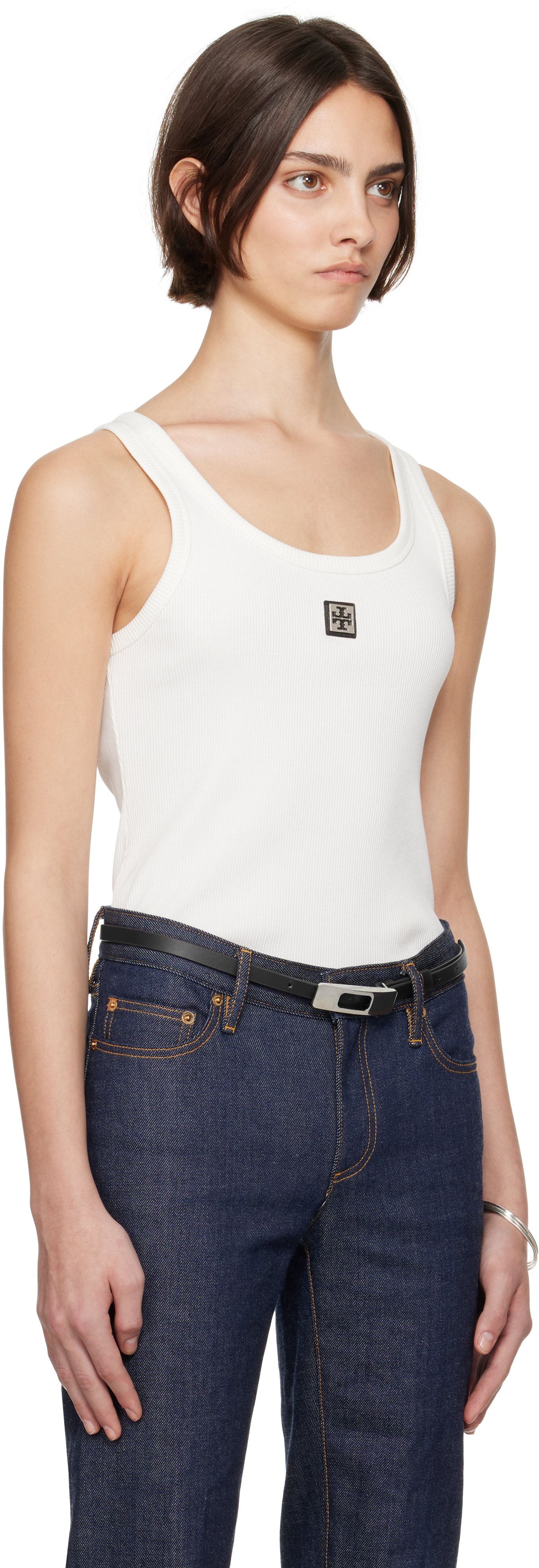 Shop Tory Burch White Metal Logo Cotton Scoop Tank Top In Snow White