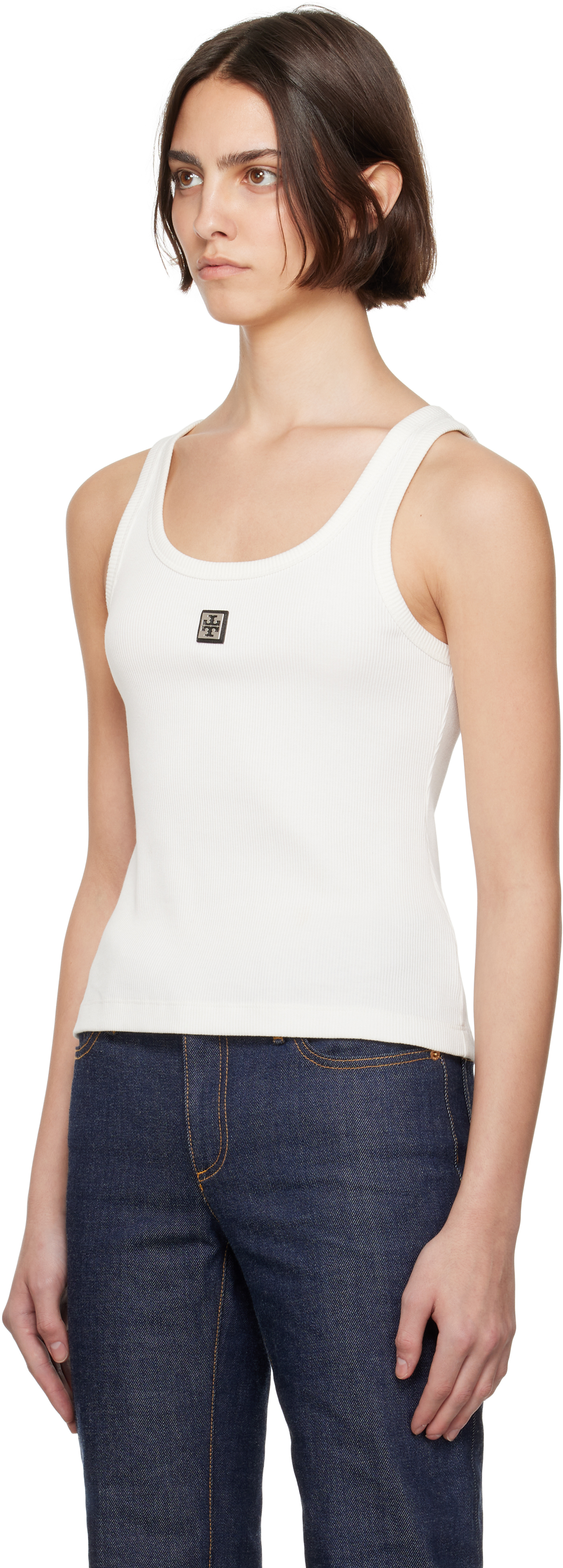 Shop Tory Burch White Metal Logo Cotton Scoop Tank Top In Snow White
