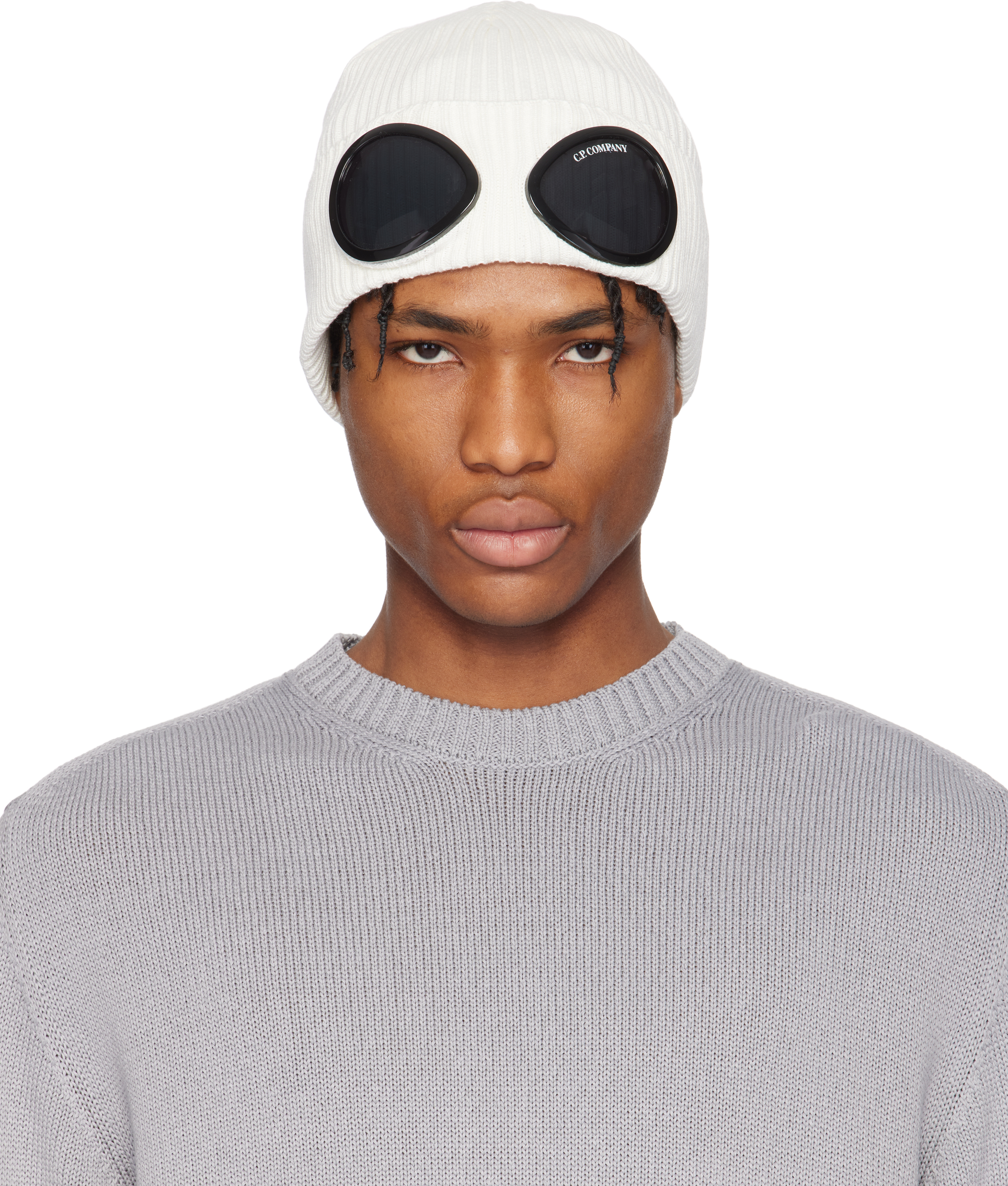 C. P. Company White Cotton Goggle Beanie