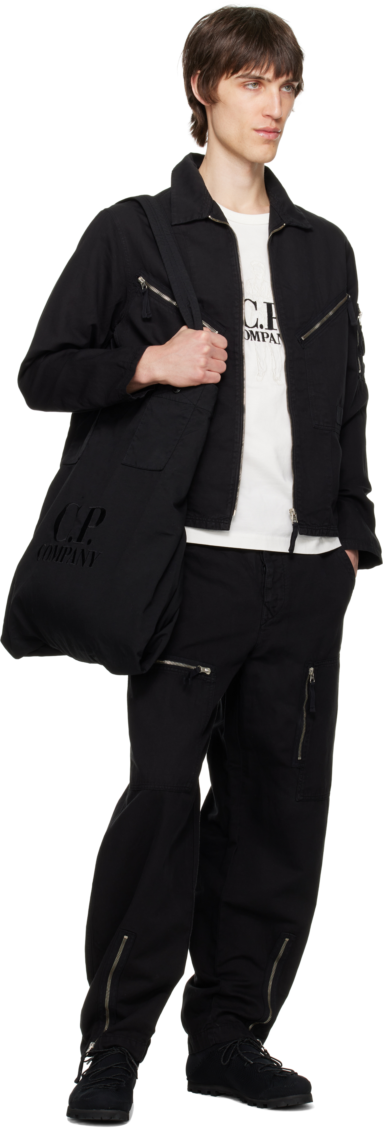 Shop C.p. Company Black Twill Left Hand Logo Tote In 999 Black