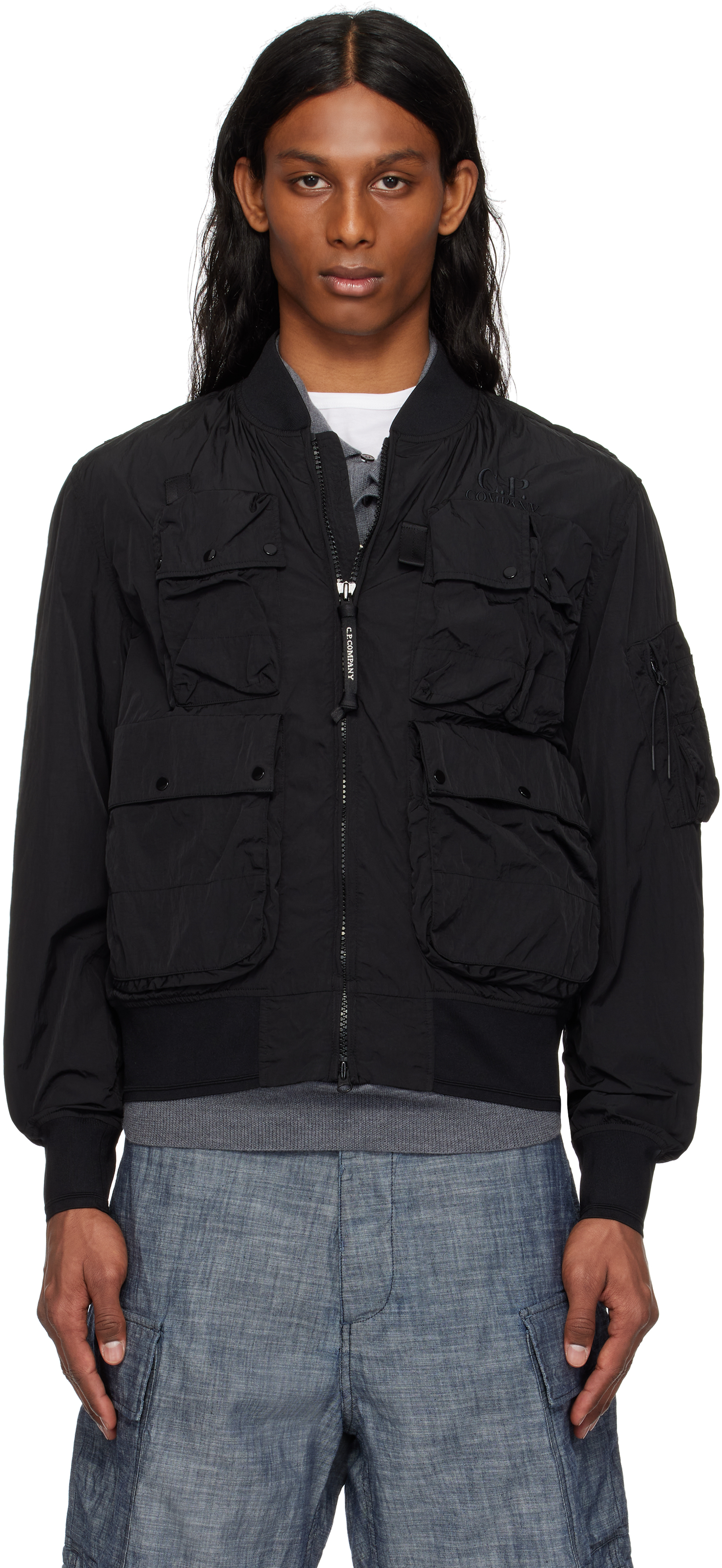C.p. Company Black Chrome-r Multipocket Bomber Jacket In 999 Black