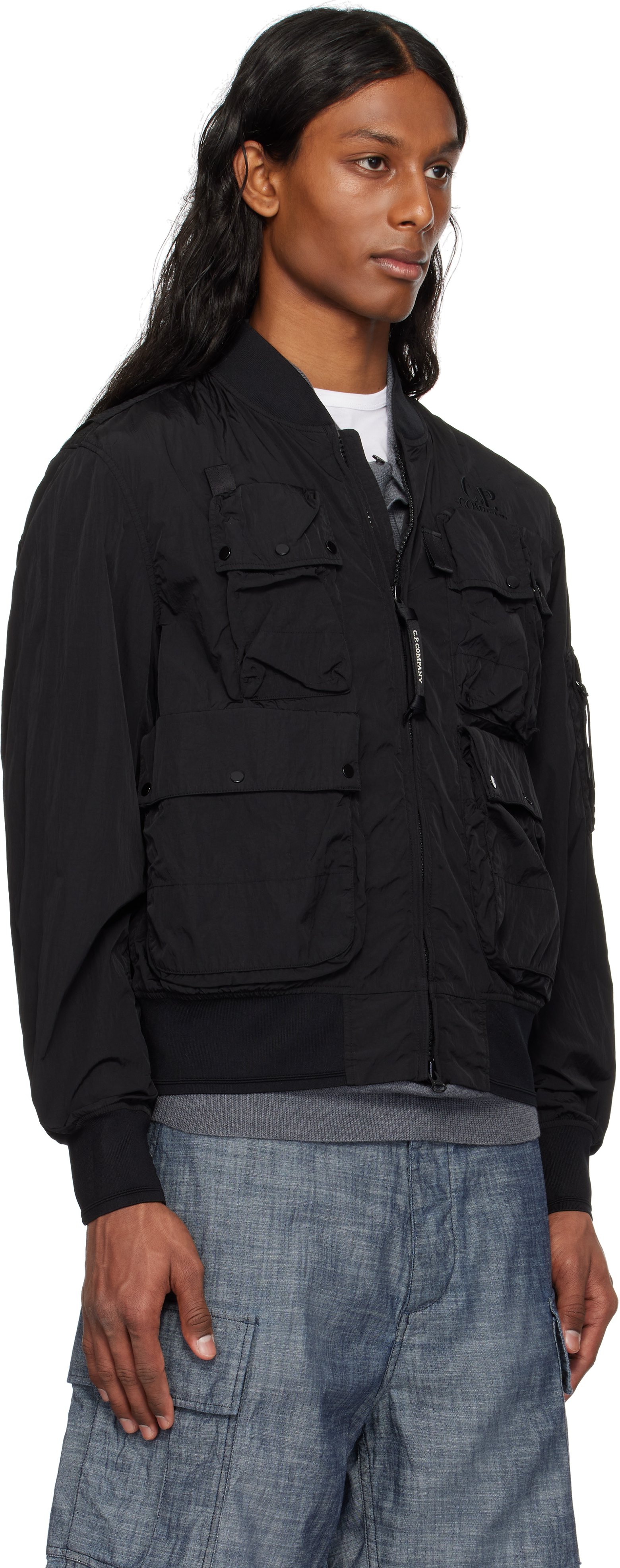 C.p. Company Black Chrome-r Multipocket Bomber Jacket In 999 Black