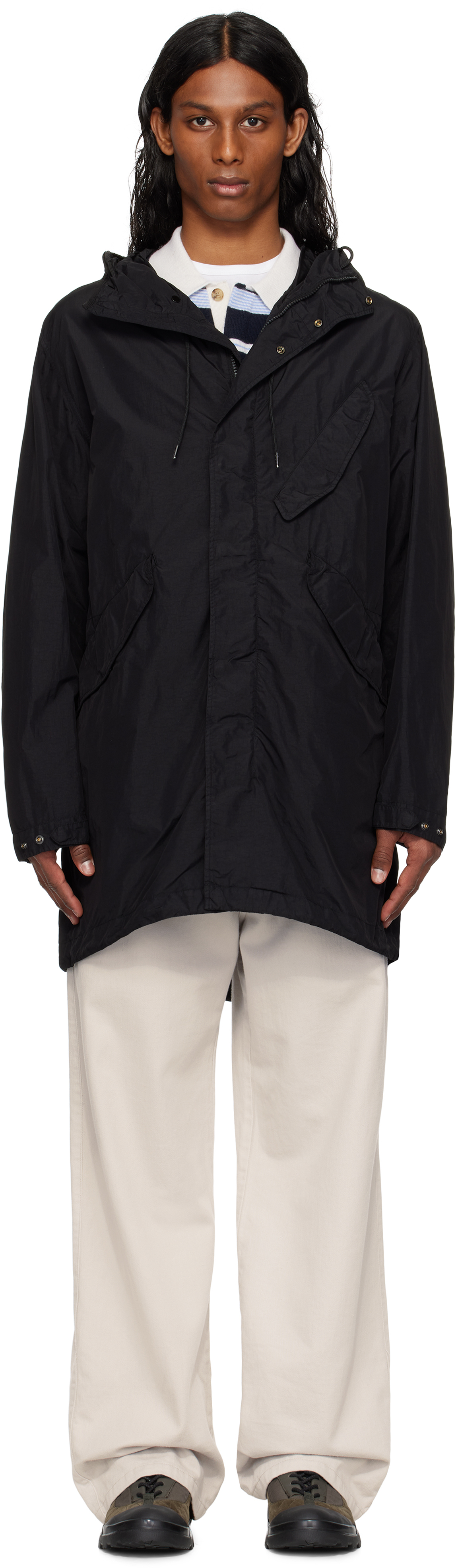 C.P. Company: Black Flatt Nylon Goggle Fishtail Parka Coat C.P. Company: Black Flatt Nylon Goggle Fishtail Parka Coat