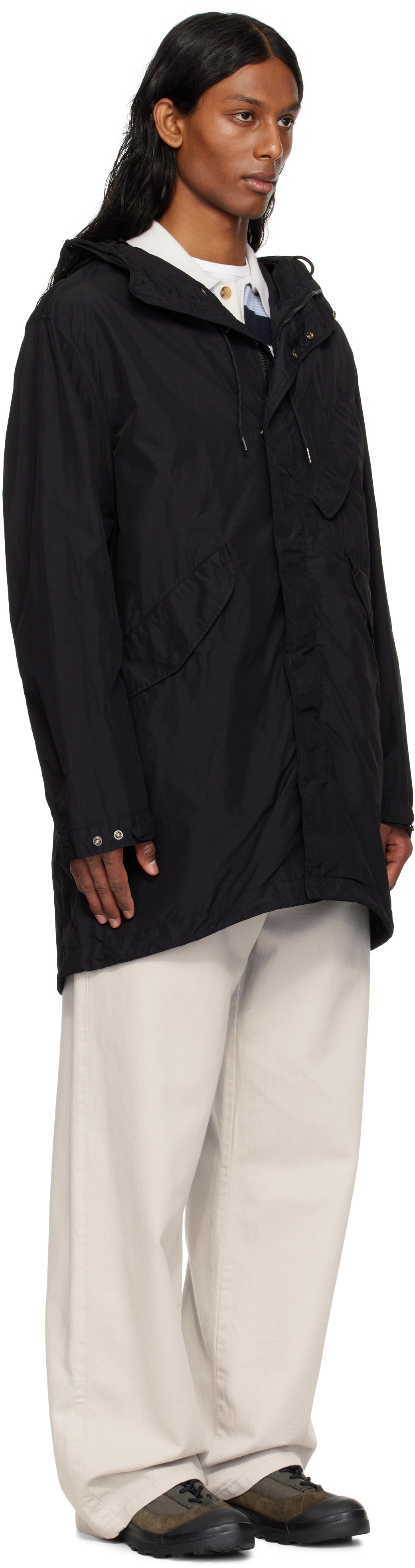 C.p. Company Black Flatt Nylon Goggle Fishtail Parka Coat In 999 Black