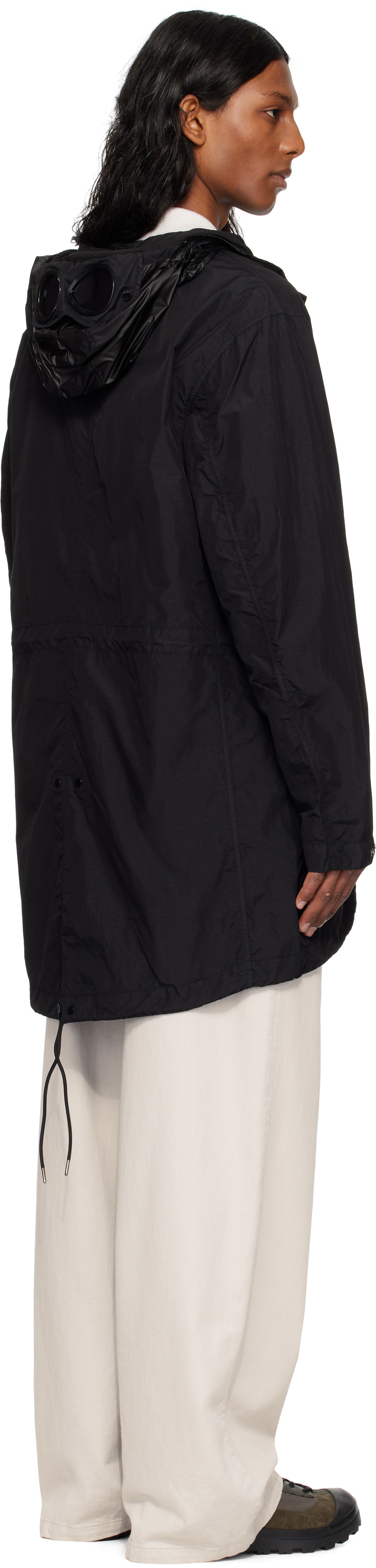 C.p. Company Black Flatt Nylon Goggle Fishtail Parka Coat In 999 Black