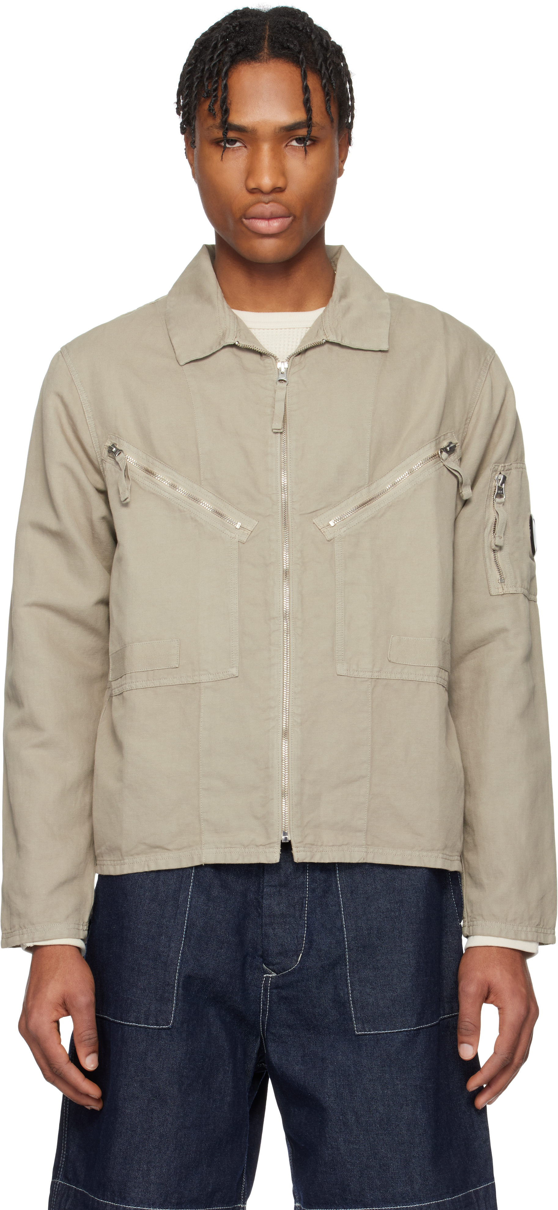 C.P. Company: Beige Cotton Linen Full Zip Overshirt | SSENSE