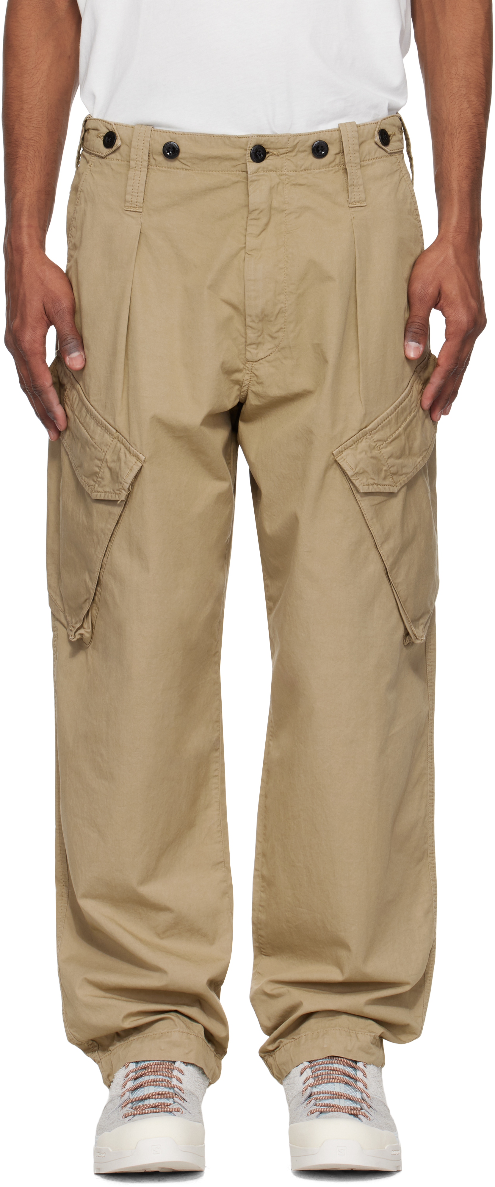 C. P. Company Beige Cotton Gabardine Loose Cargo Pants