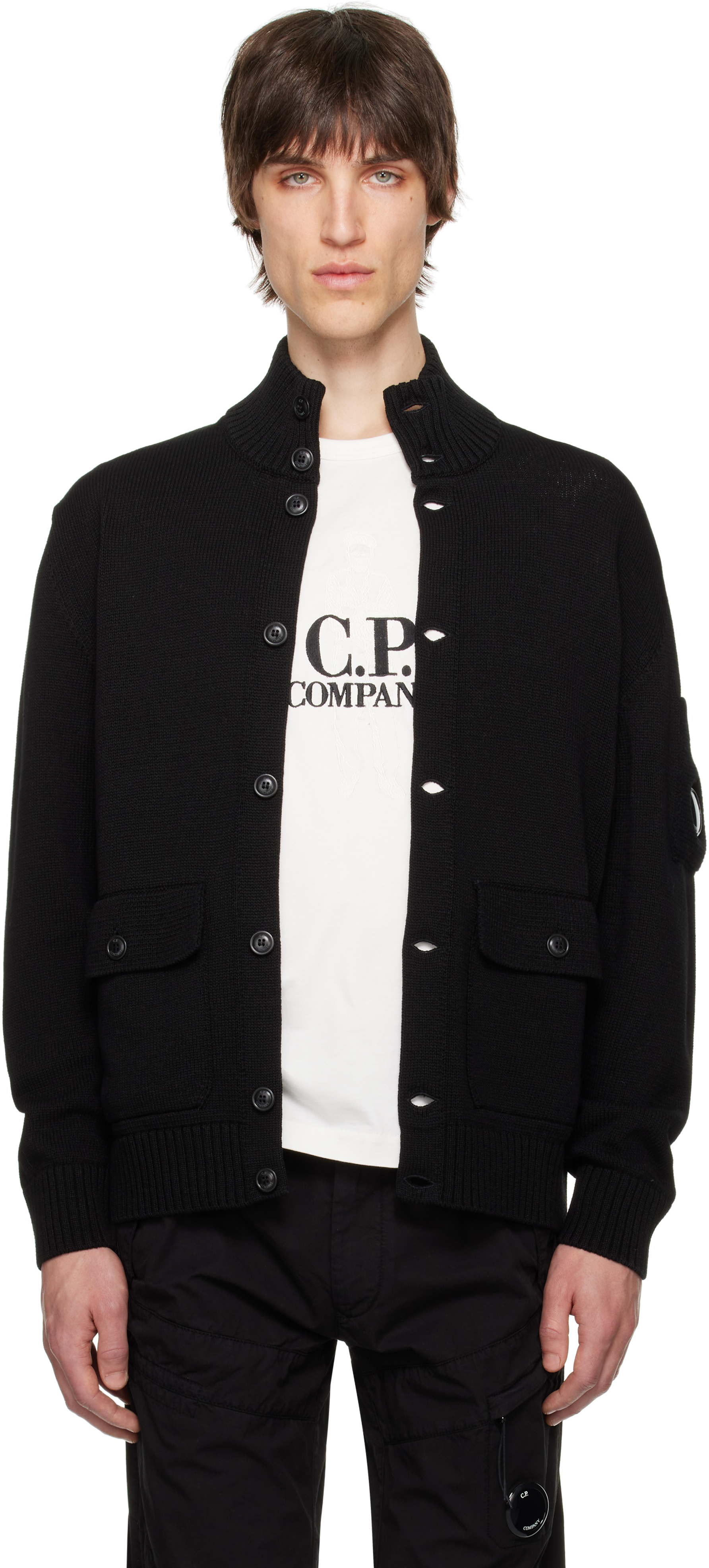 C. P. Company Black Compact Cotton Full Button Lens Knit Cardigan