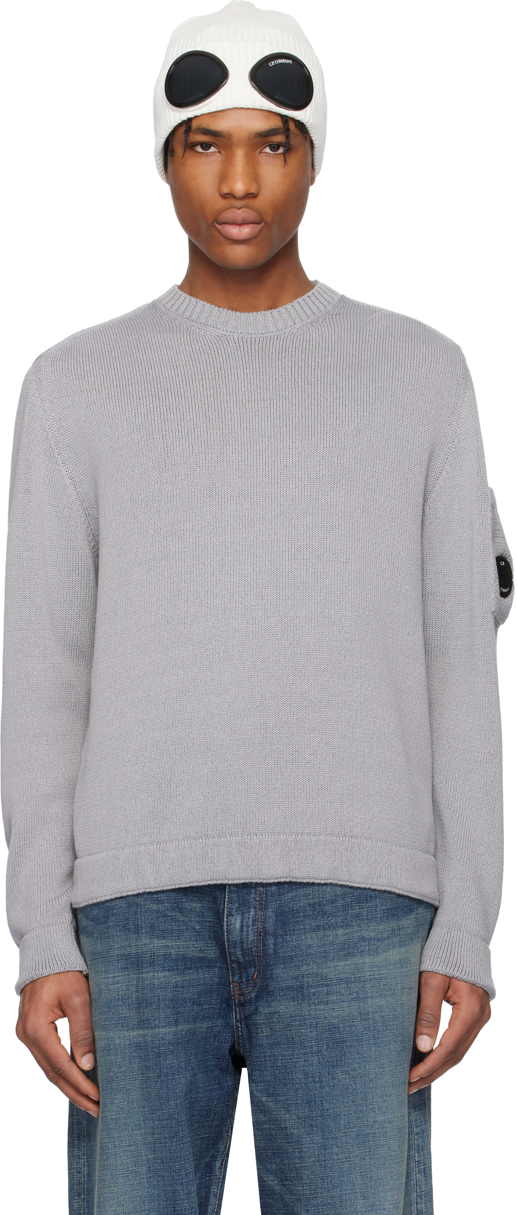 C. P. Company Gray Compact Cotton Crewneck Lens Knit Sweater