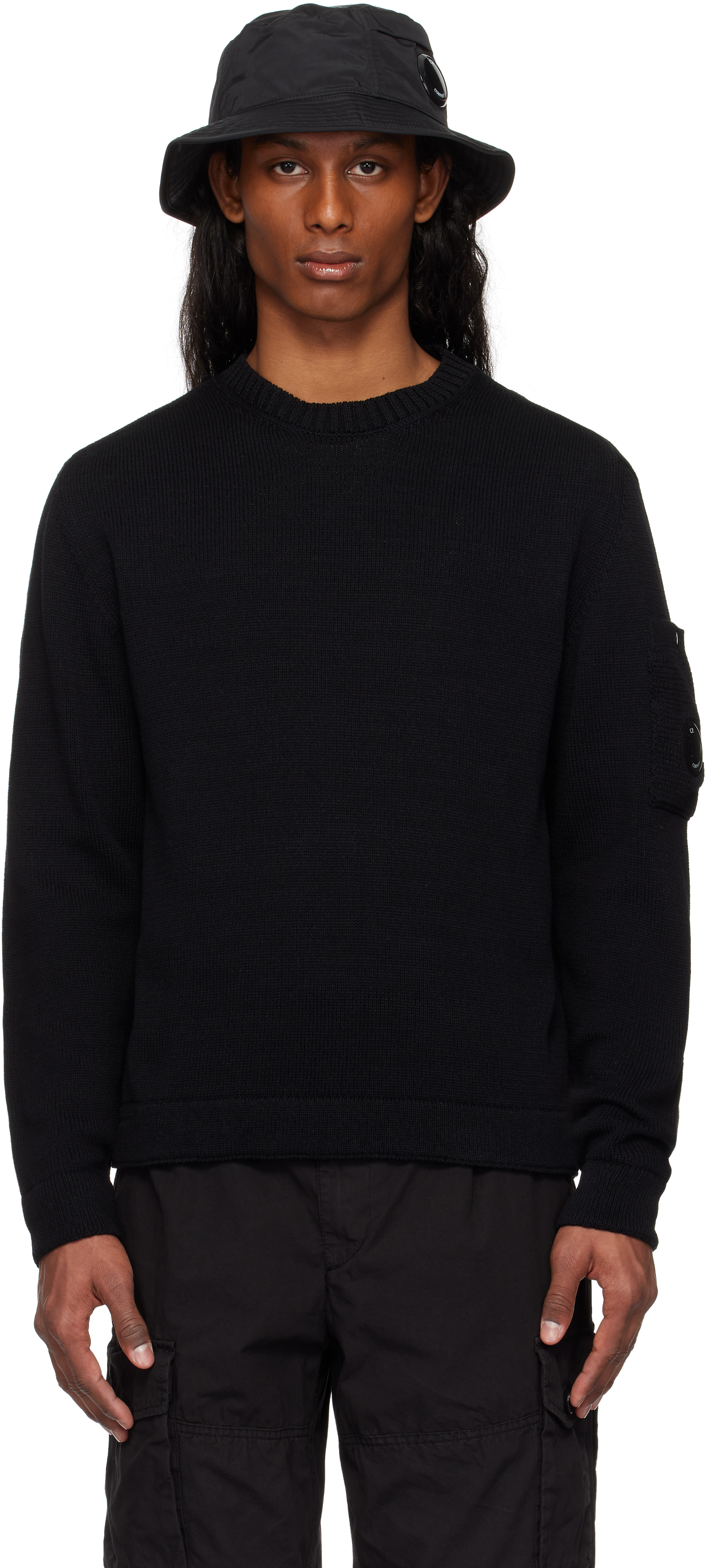 C. P. Company Black Compact Cotton Crewneck Lens Knit Sweater
