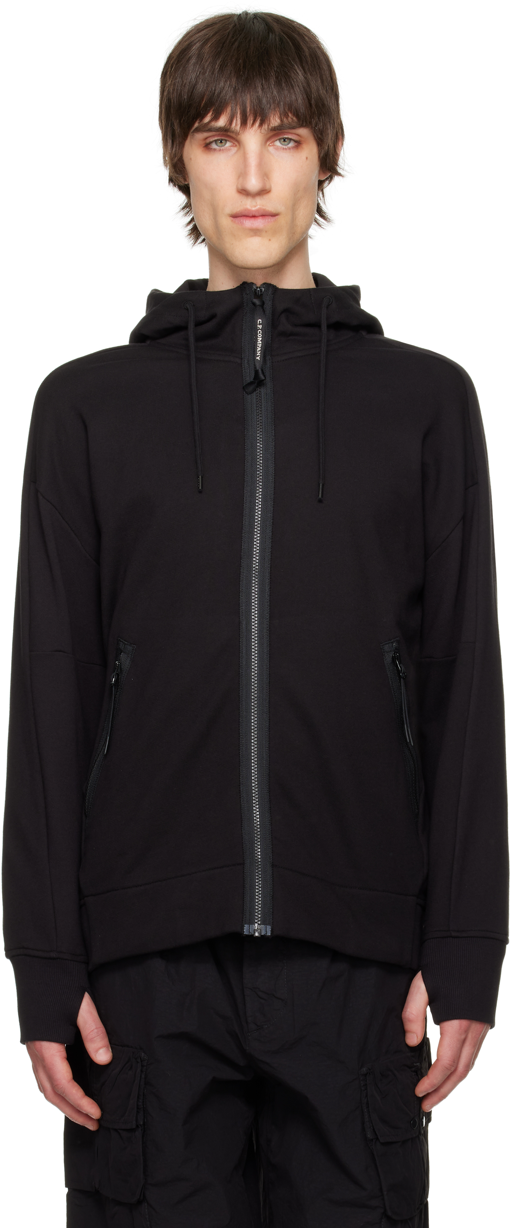 C.p. Company Relaxed Fit Black Zip-up Sweatshirt With Hood And Zippered Pockets In 999 Black
