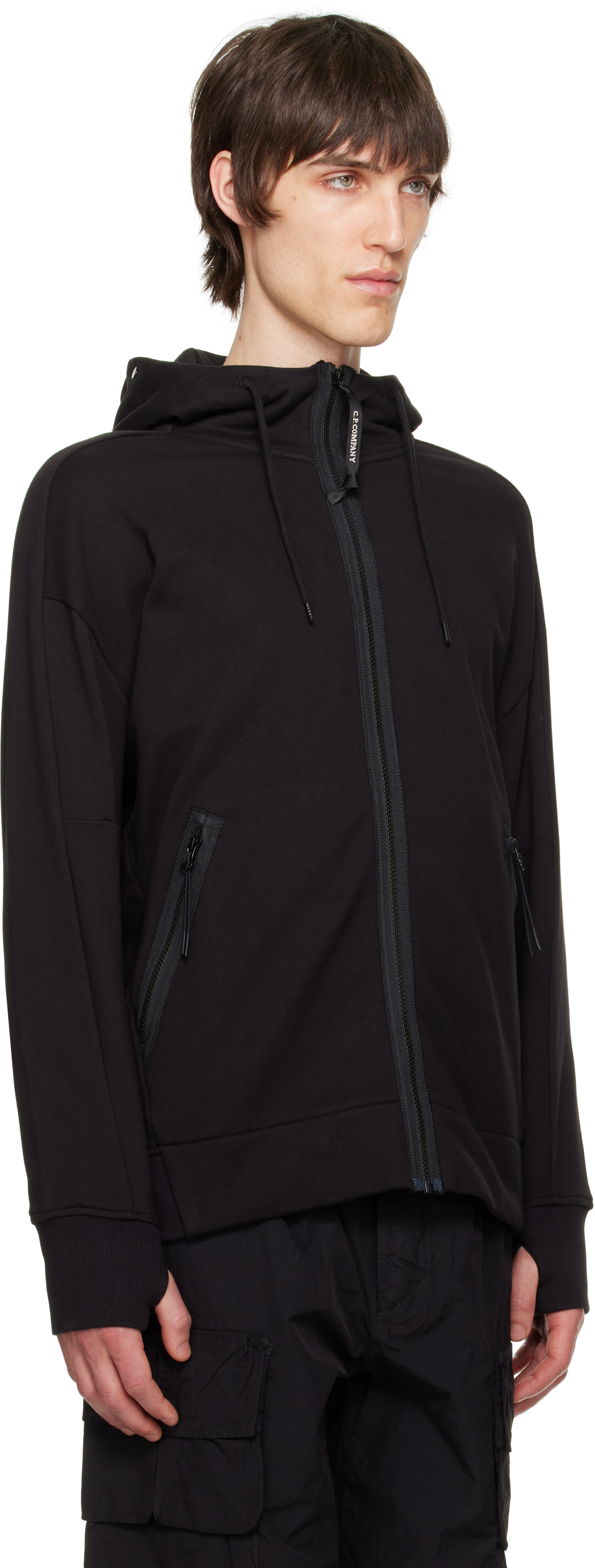 C.p. Company Relaxed Fit Black Zip-up Sweatshirt With Hood And Zippered Pockets In 999 Black