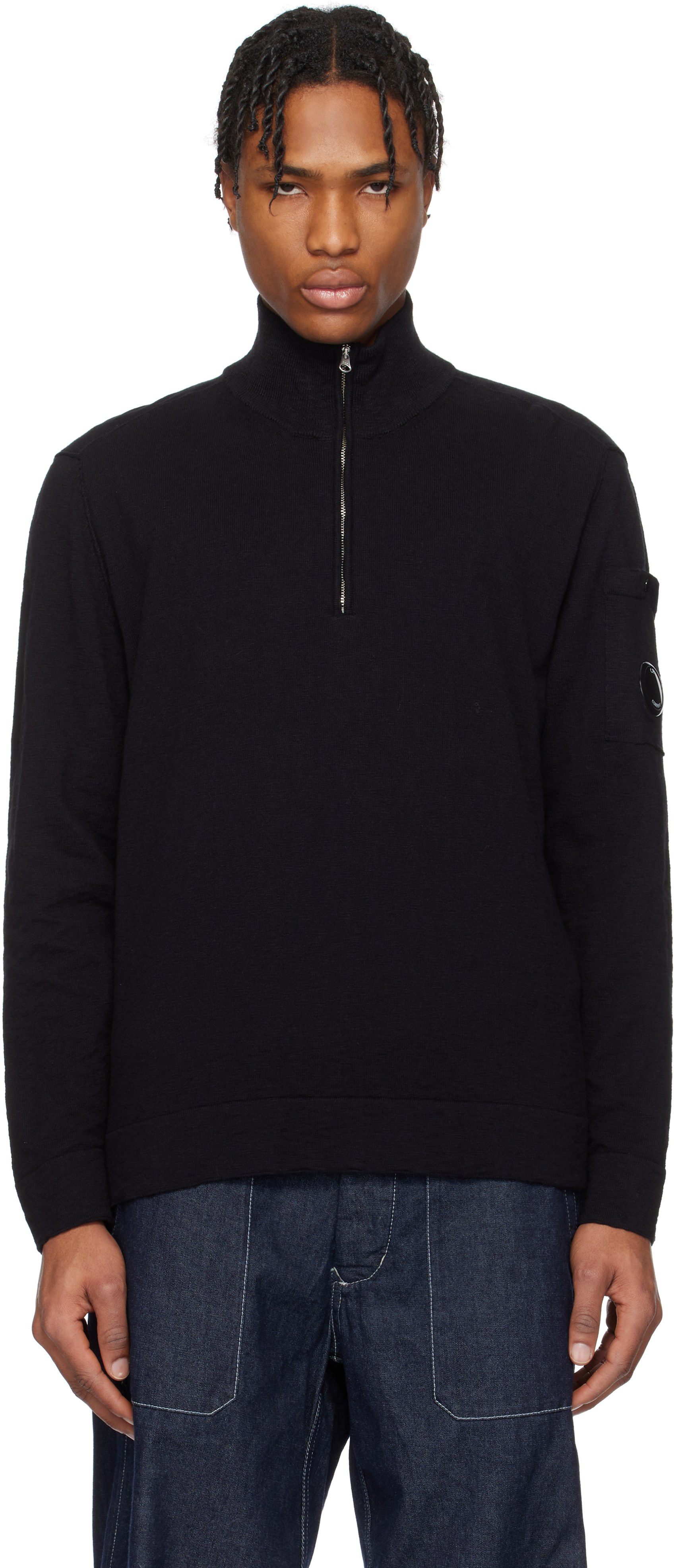 C. P. Company Black Cotton Nylon Half Zip Knit Sweater