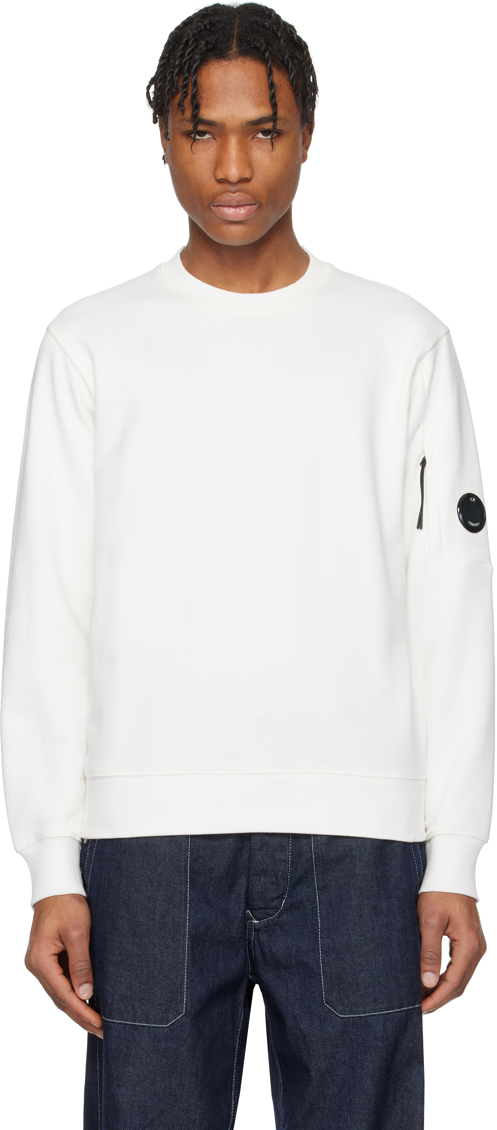 C. P. Company Off-White Diagonal Raised Fleece Crewneck Lens Sweatshirt