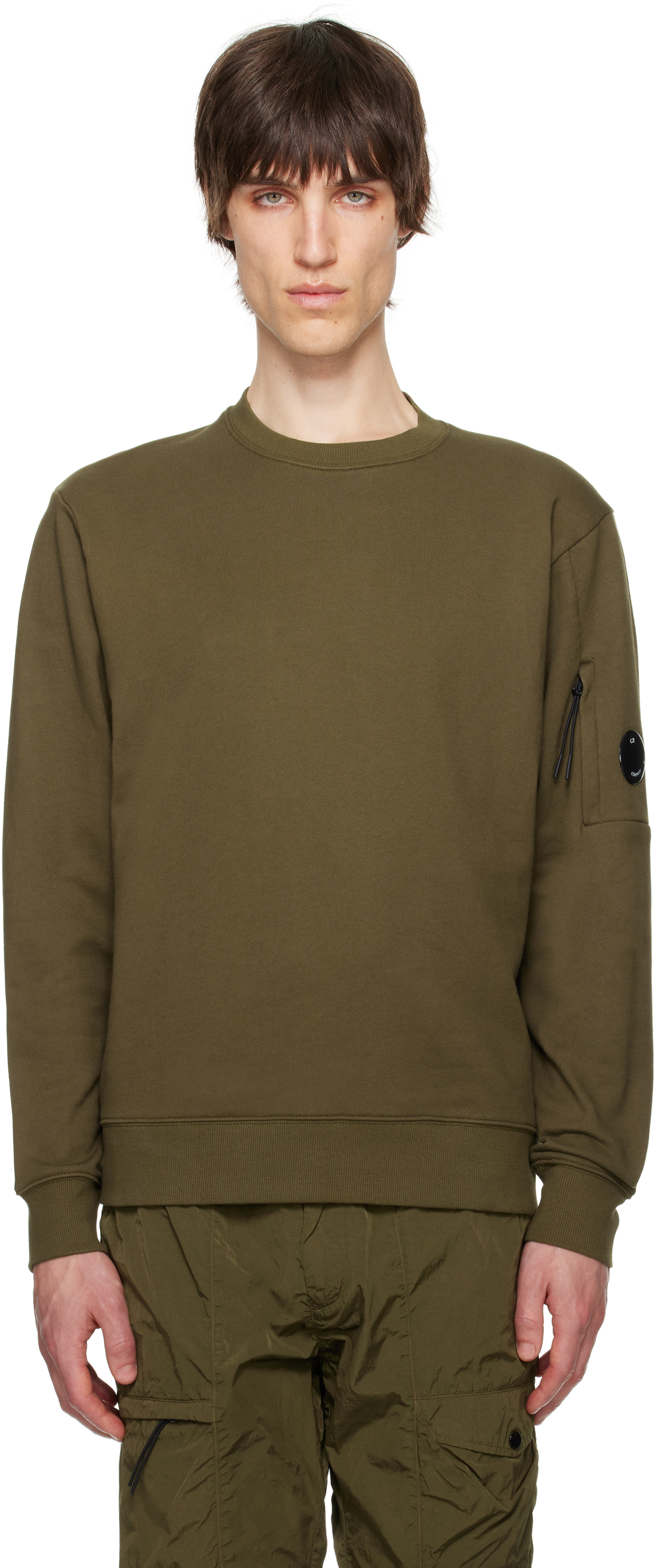 C.p. Company Khaki Diagonal Raised Fleece Crewneck Lens Sweatshirt In Ivy Green